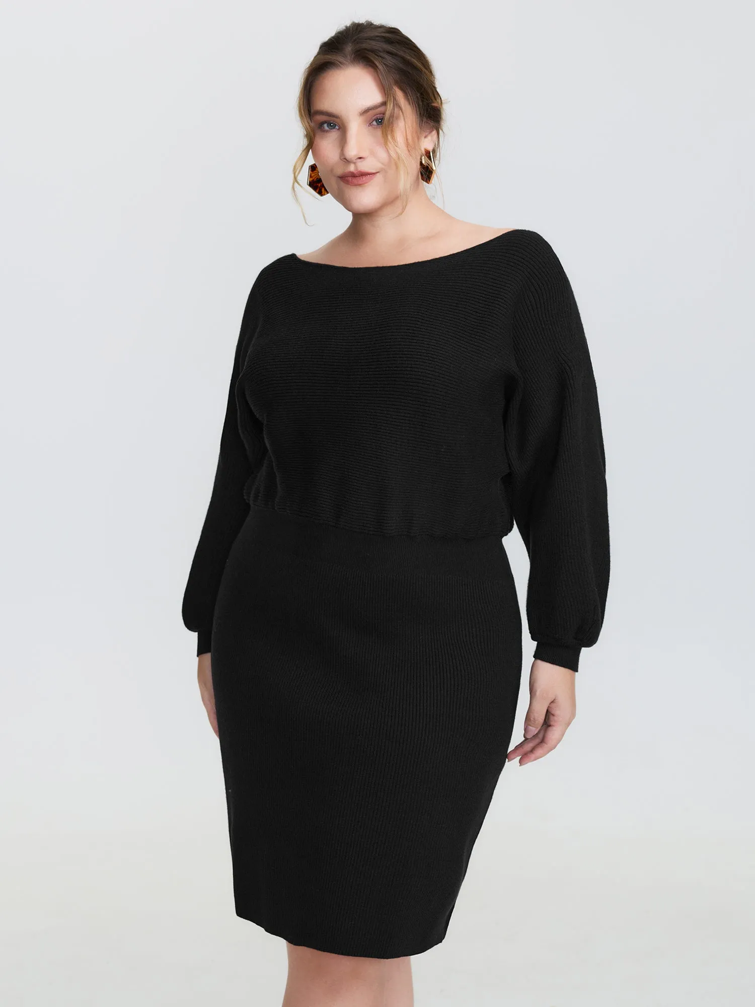 Boatneck Textured Dolman Sleeve Sweater Dress sold by Bloomchic