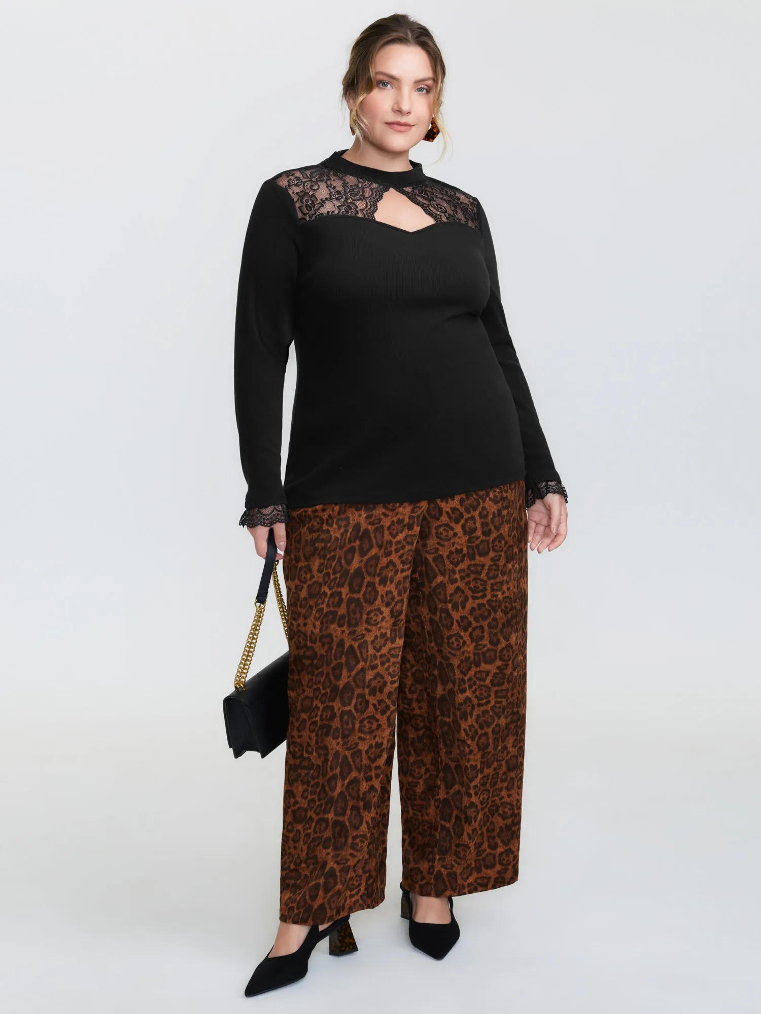 Sheer Lace Trim Mock Neck Ribbed T-Shirt sold by Bloomchic product image thumbnail 2