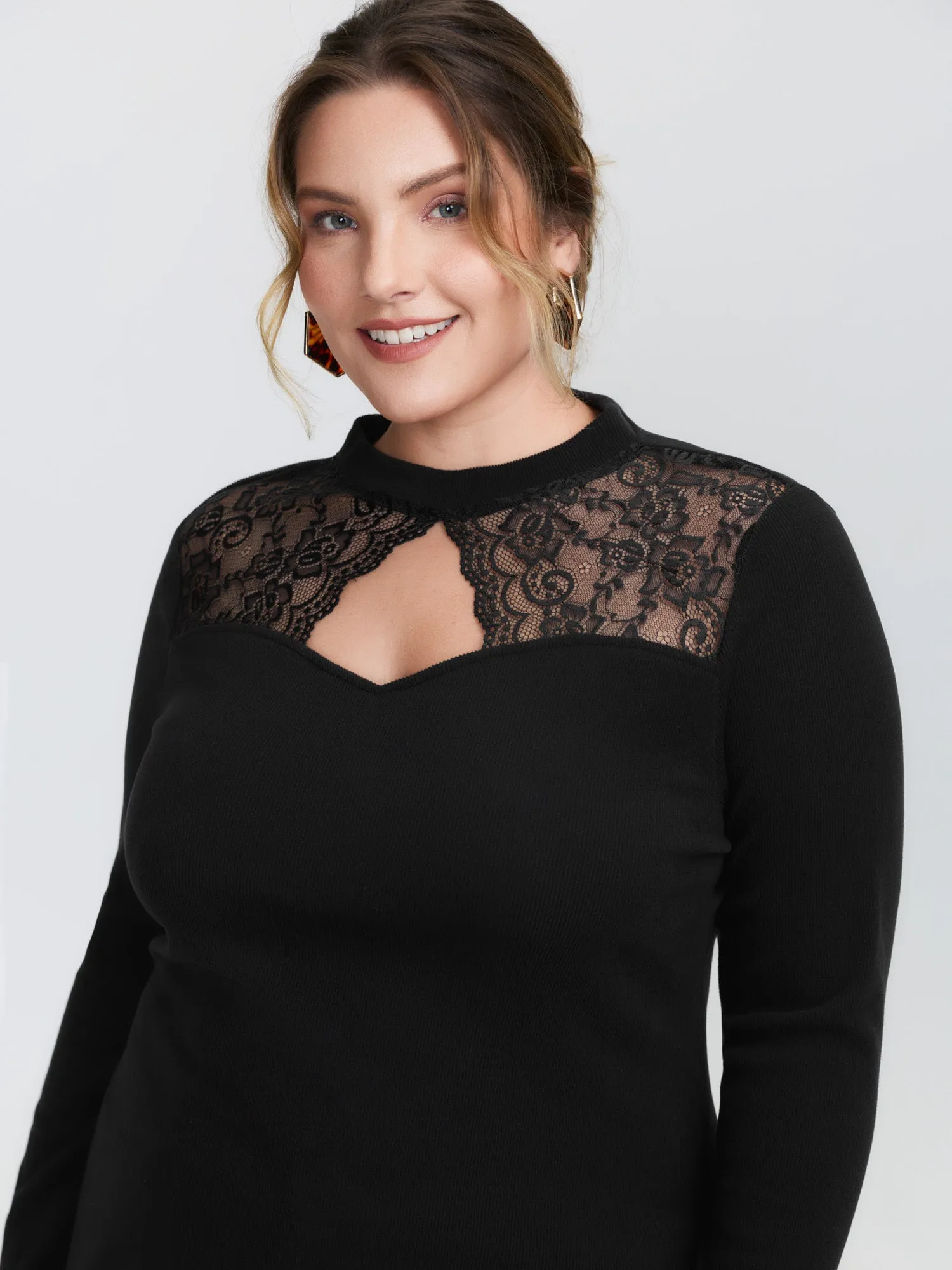 Sheer Lace Trim Mock Neck Ribbed T-Shirt sold by Bloomchic product image thumbnail 3