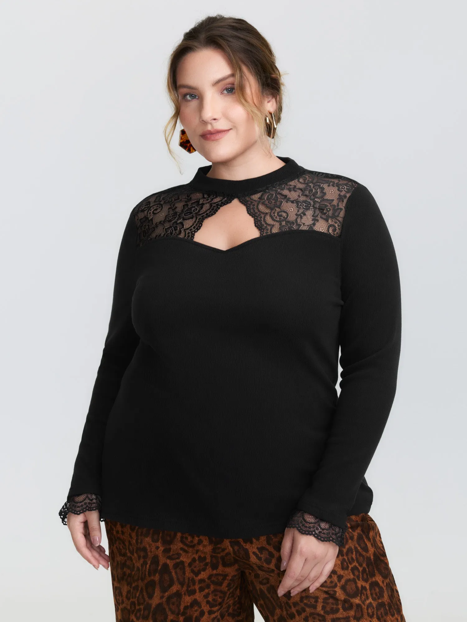 Sheer Lace Trim Mock Neck Ribbed T-Shirt sold by Bloomchic