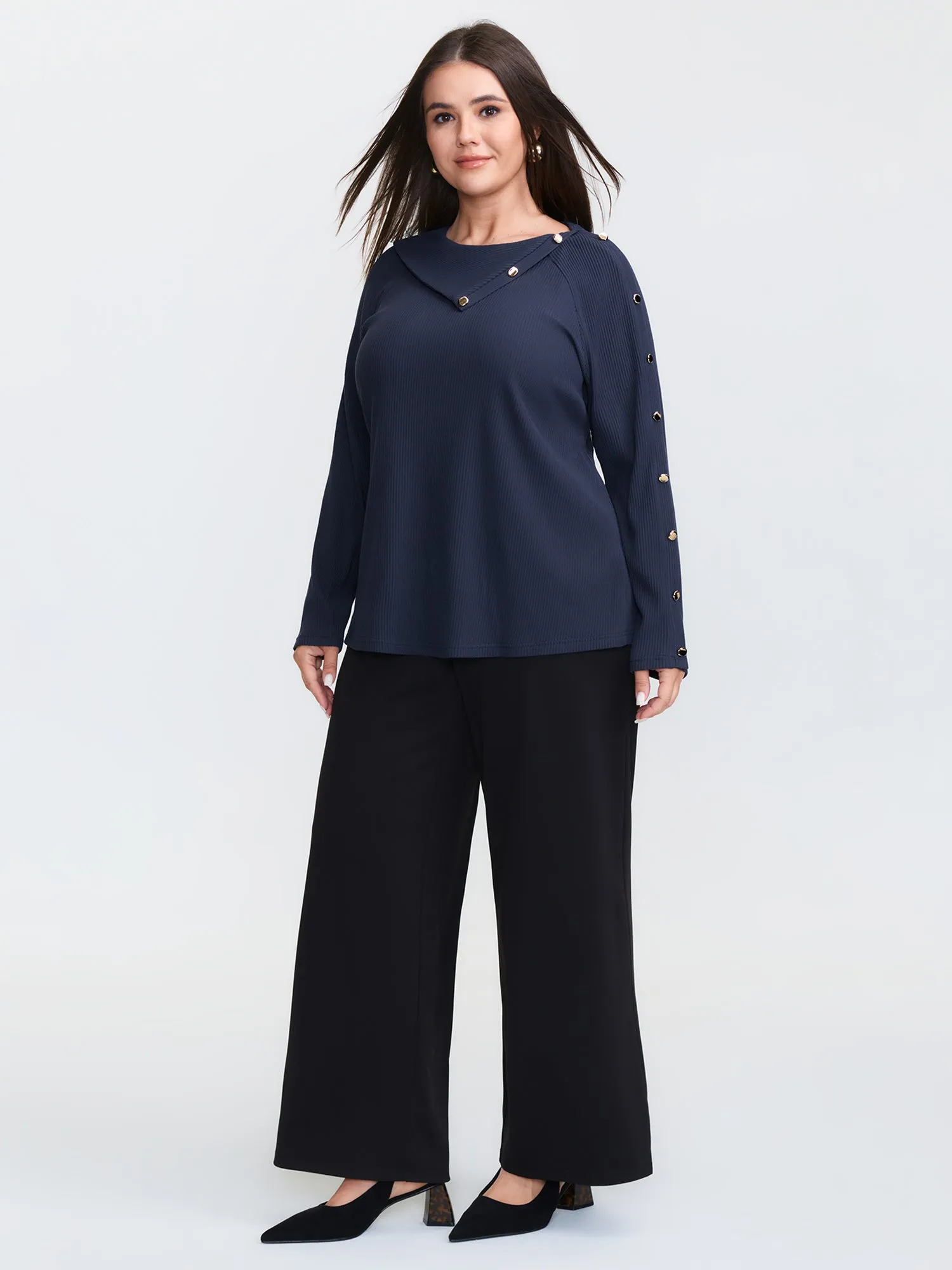 Velvet Ribbed Folded Neckline Button Knit Top sold by Bloomchic product image thumbnail 2