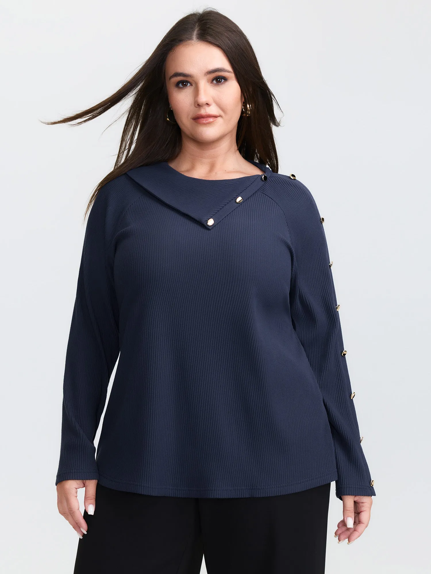 Velvet Ribbed Folded Neckline Button Knit Top sold by Bloomchic