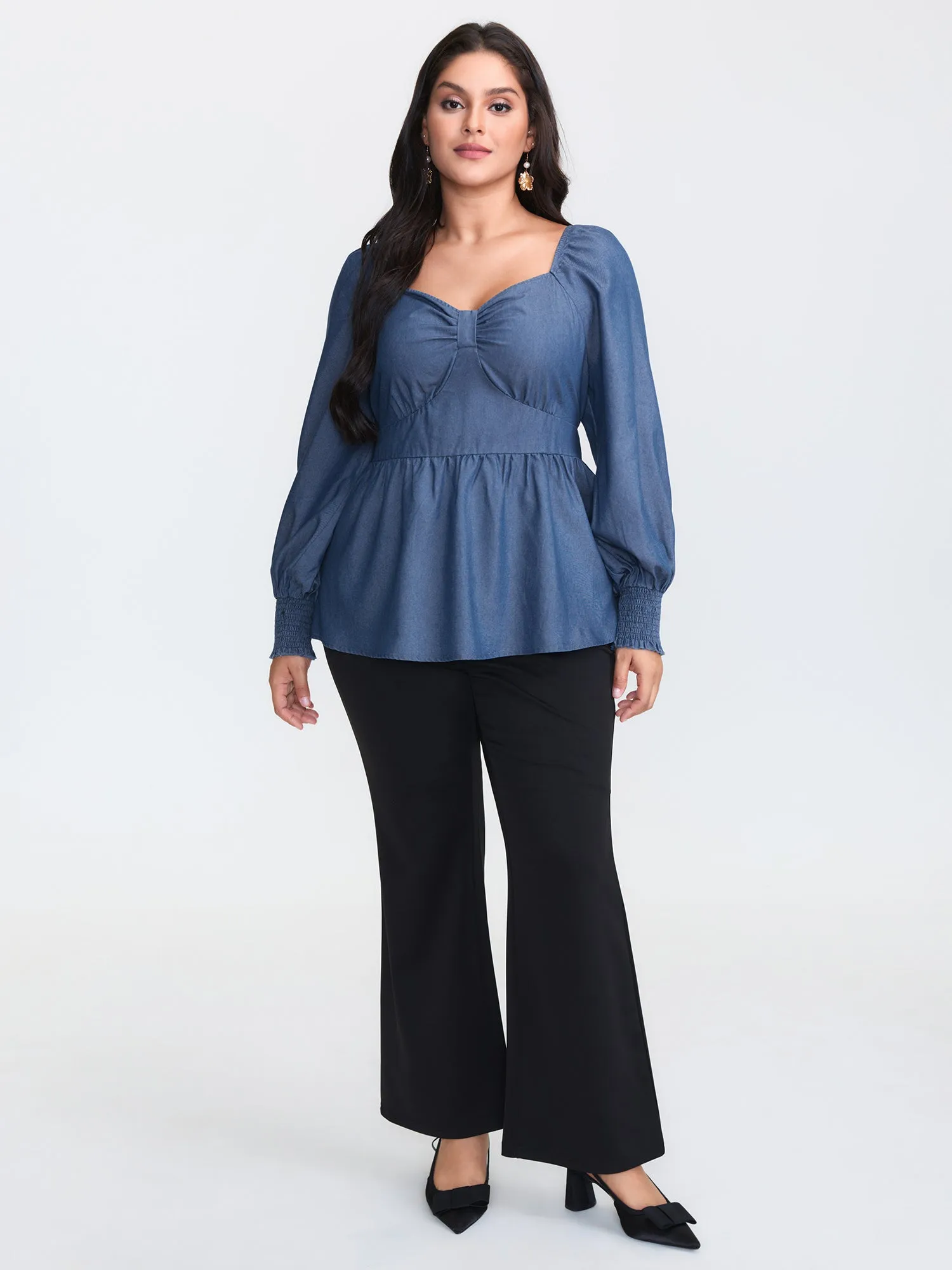 Denim Shirred Back Sweetheart Neck Blouse sold by Bloomchic product image thumbnail 3