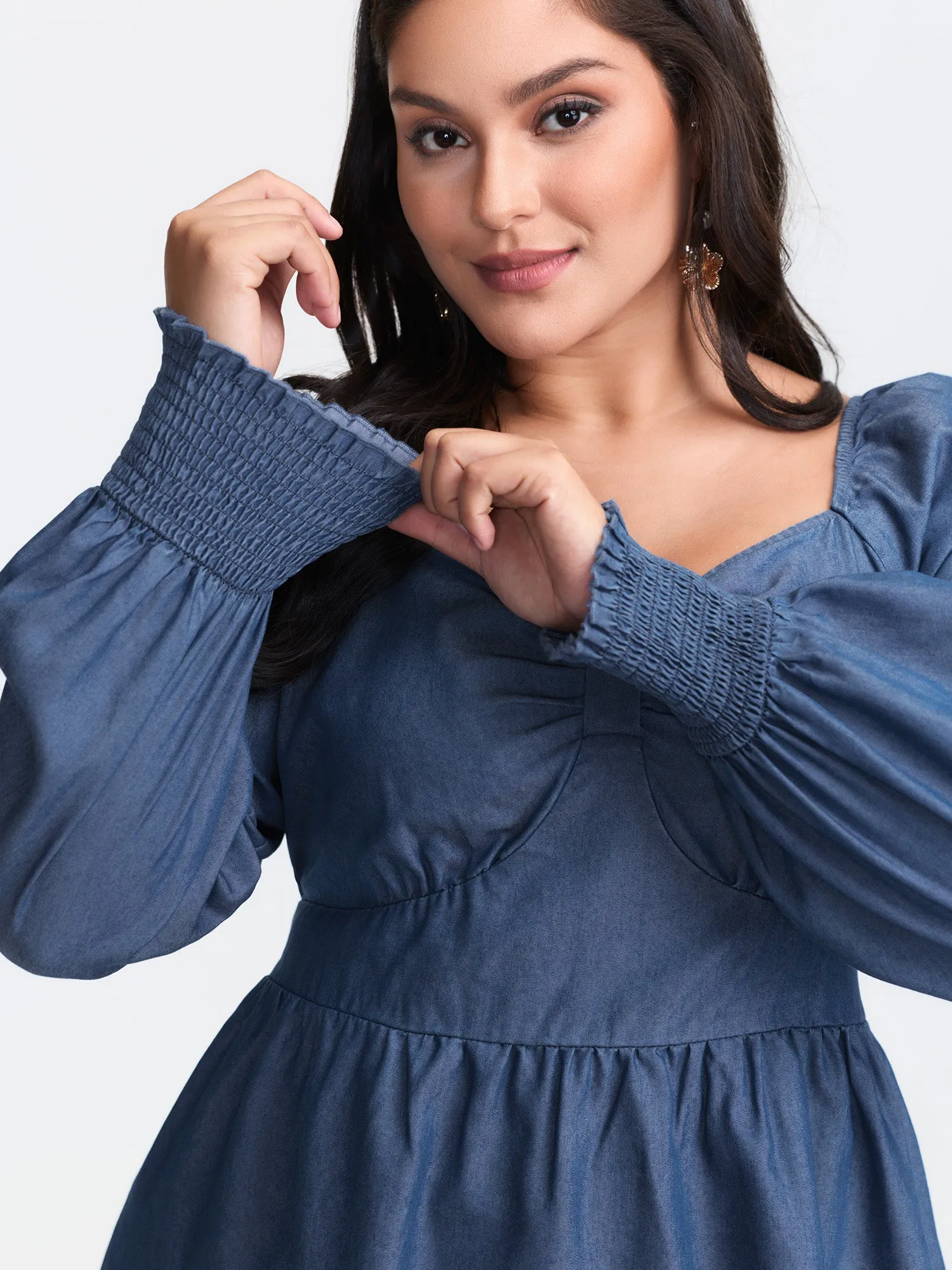 Denim Shirred Back Sweetheart Neck Blouse sold by Bloomchic product image thumbnail 2