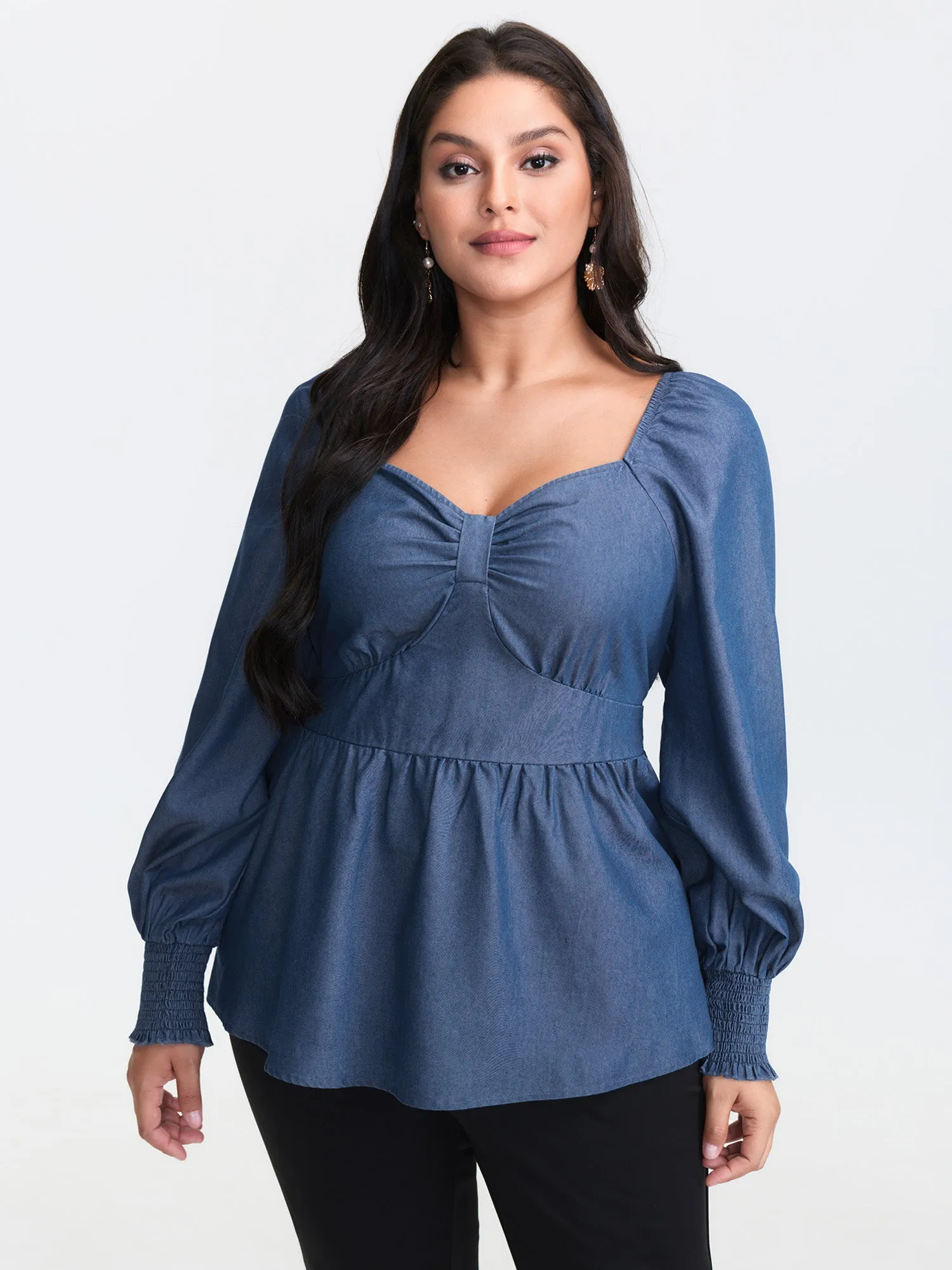 Denim Shirred Back Sweetheart Neck Blouse sold by Bloomchic