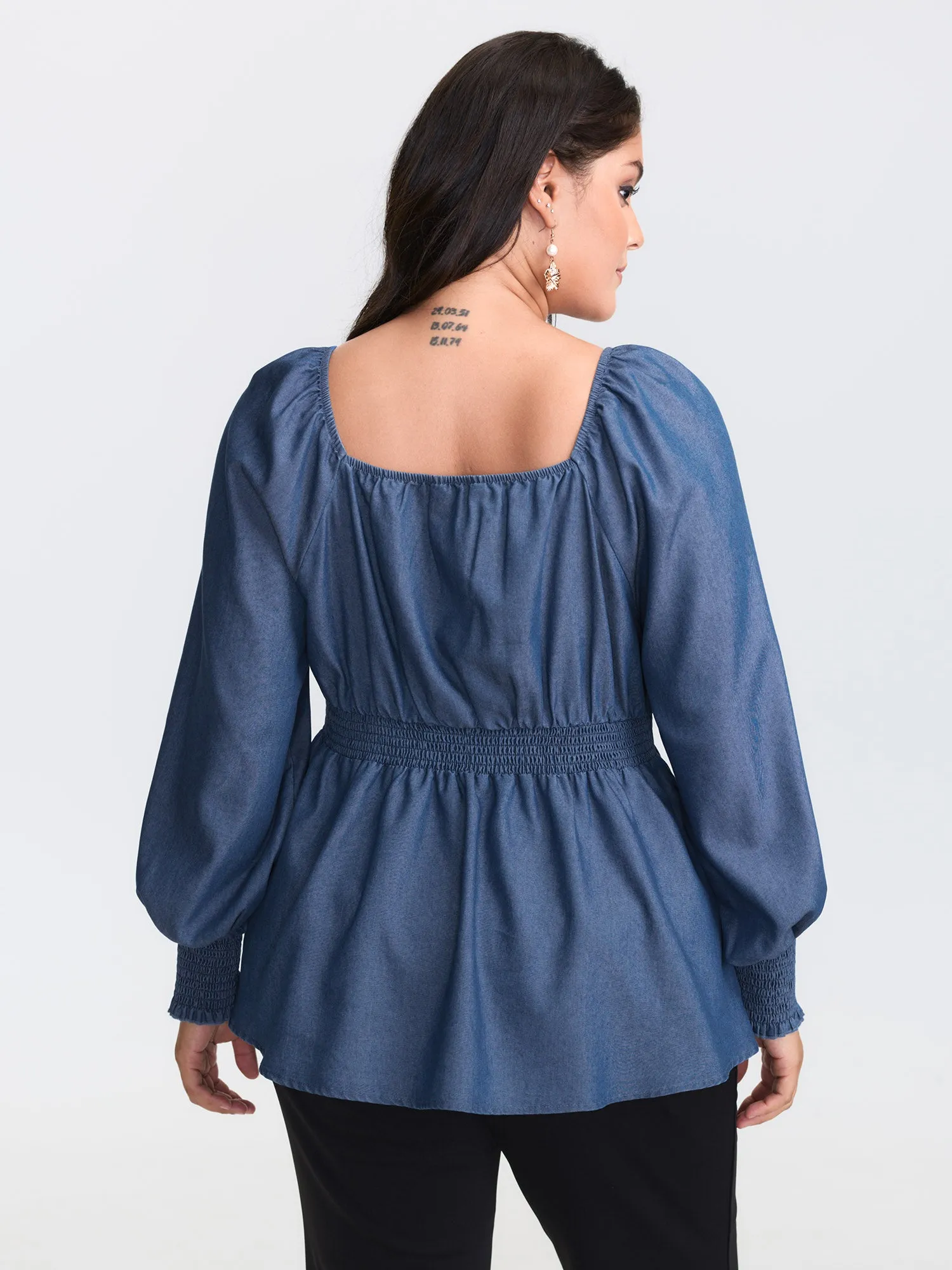 Denim Shirred Back Sweetheart Neck Blouse sold by Bloomchic product image thumbnail 4