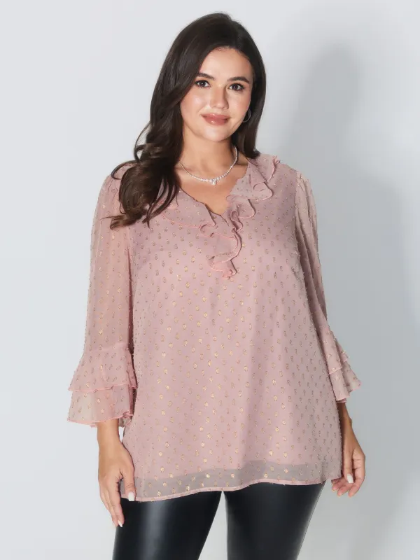 Chiffon Ruffled Neckline Layered Sleeve Blouse sold by Bloomchic