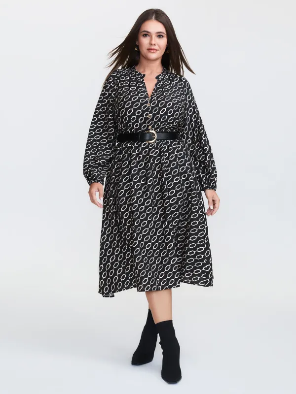 Monochrome Geometric Print Belted Midi Dress sold by Bloomchic