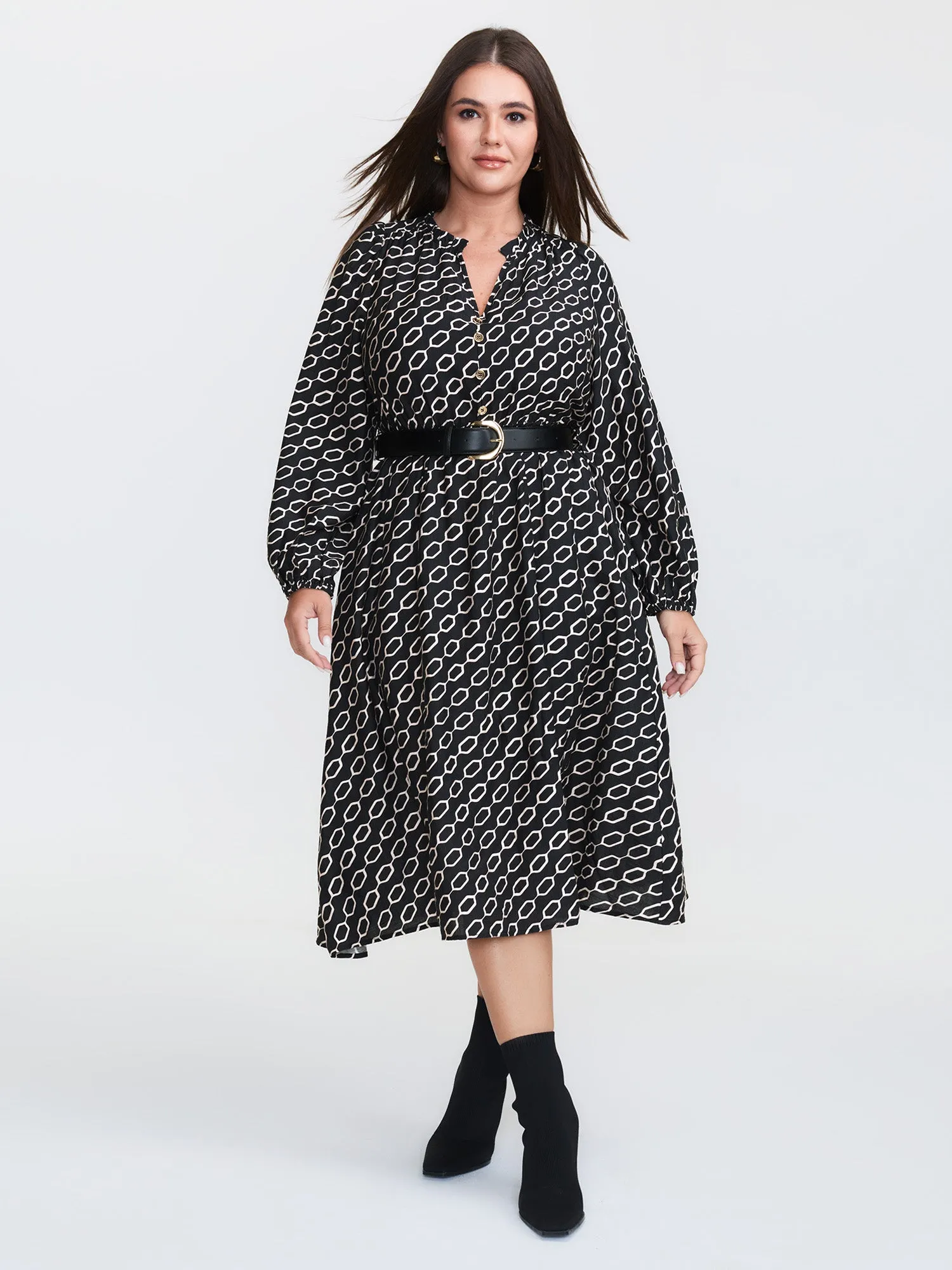 Monochrome Geometric Print Belted Midi Dress sold by Bloomchic