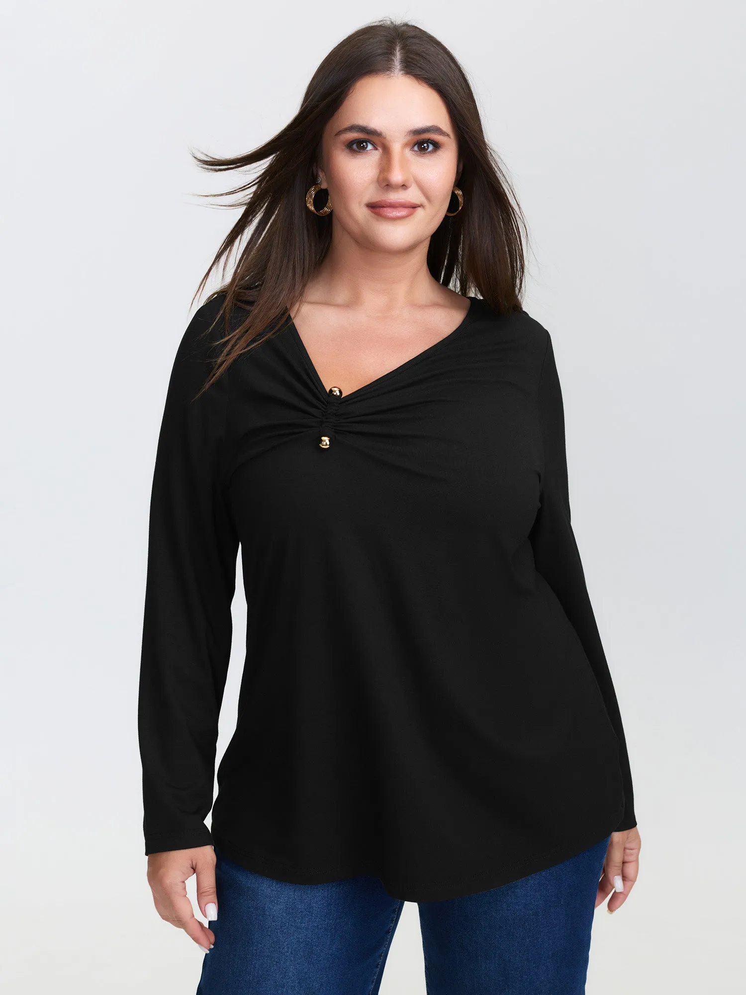 Knotted Side Neckline Stretchy Knit Top sold by Bloomchic