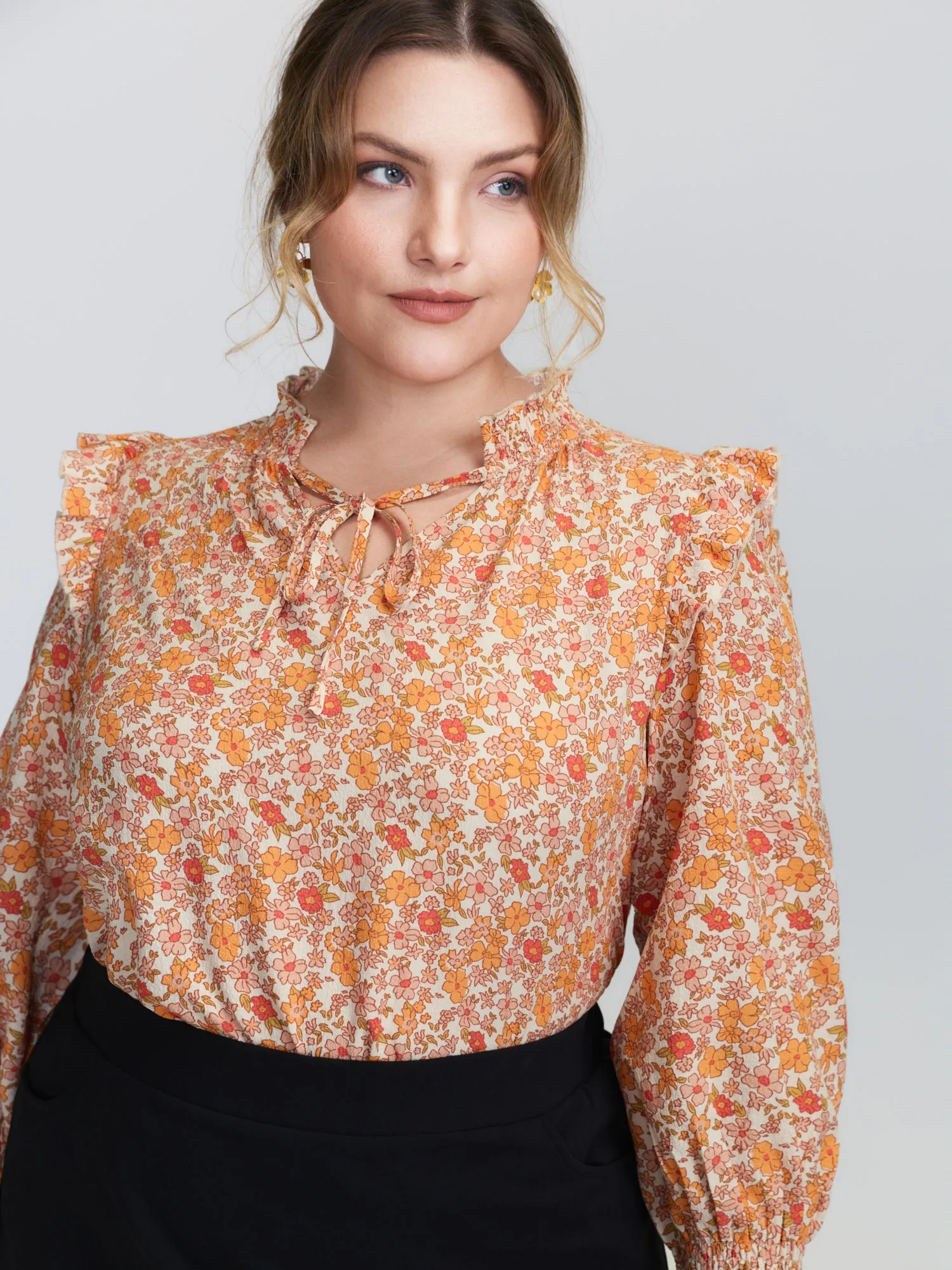 Chiffon Floral Print Ruffled Shoulder Blouse sold by Bloomchic product image thumbnail 3