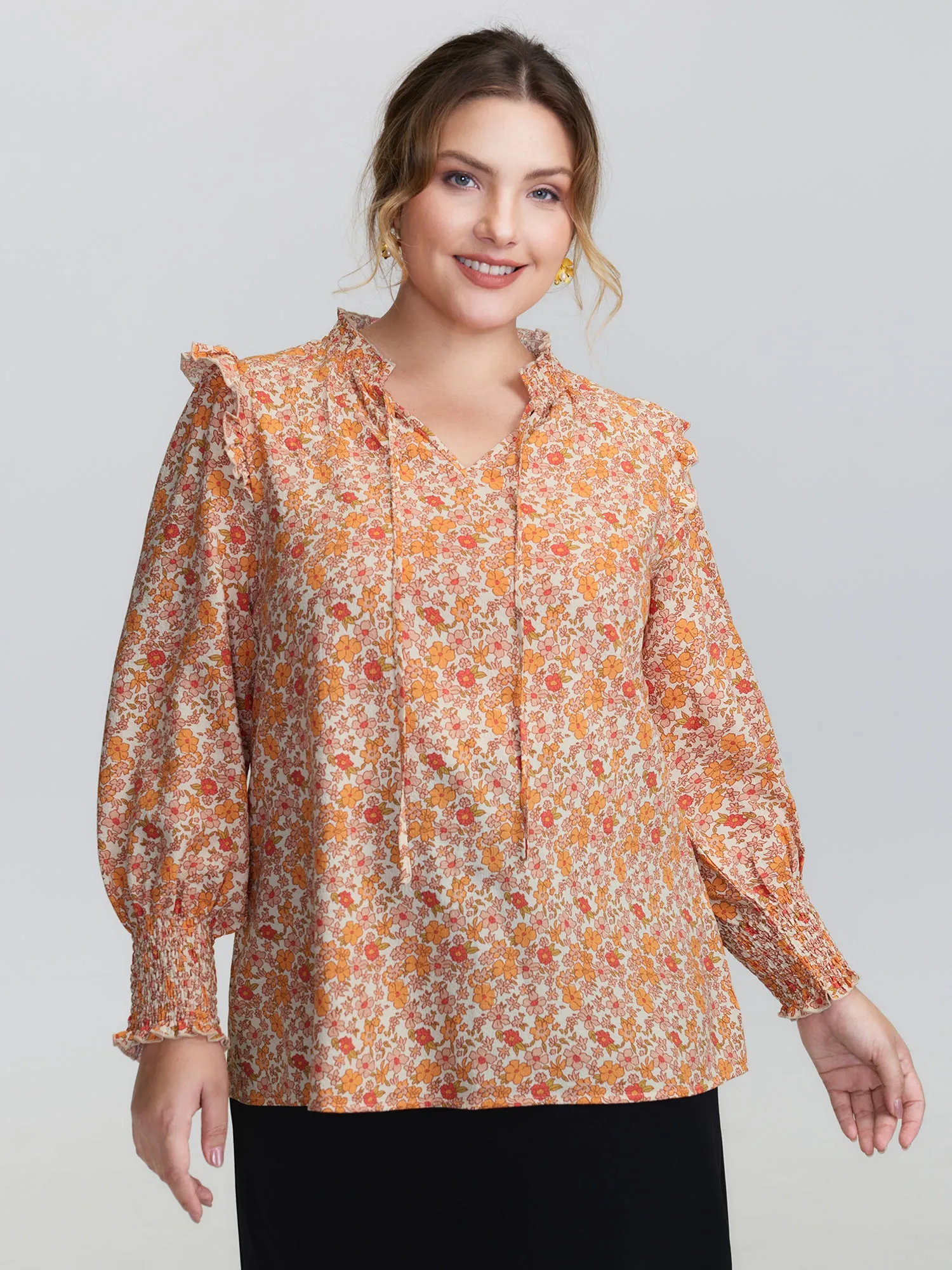 Chiffon Floral Print Ruffled Shoulder Blouse sold by Bloomchic