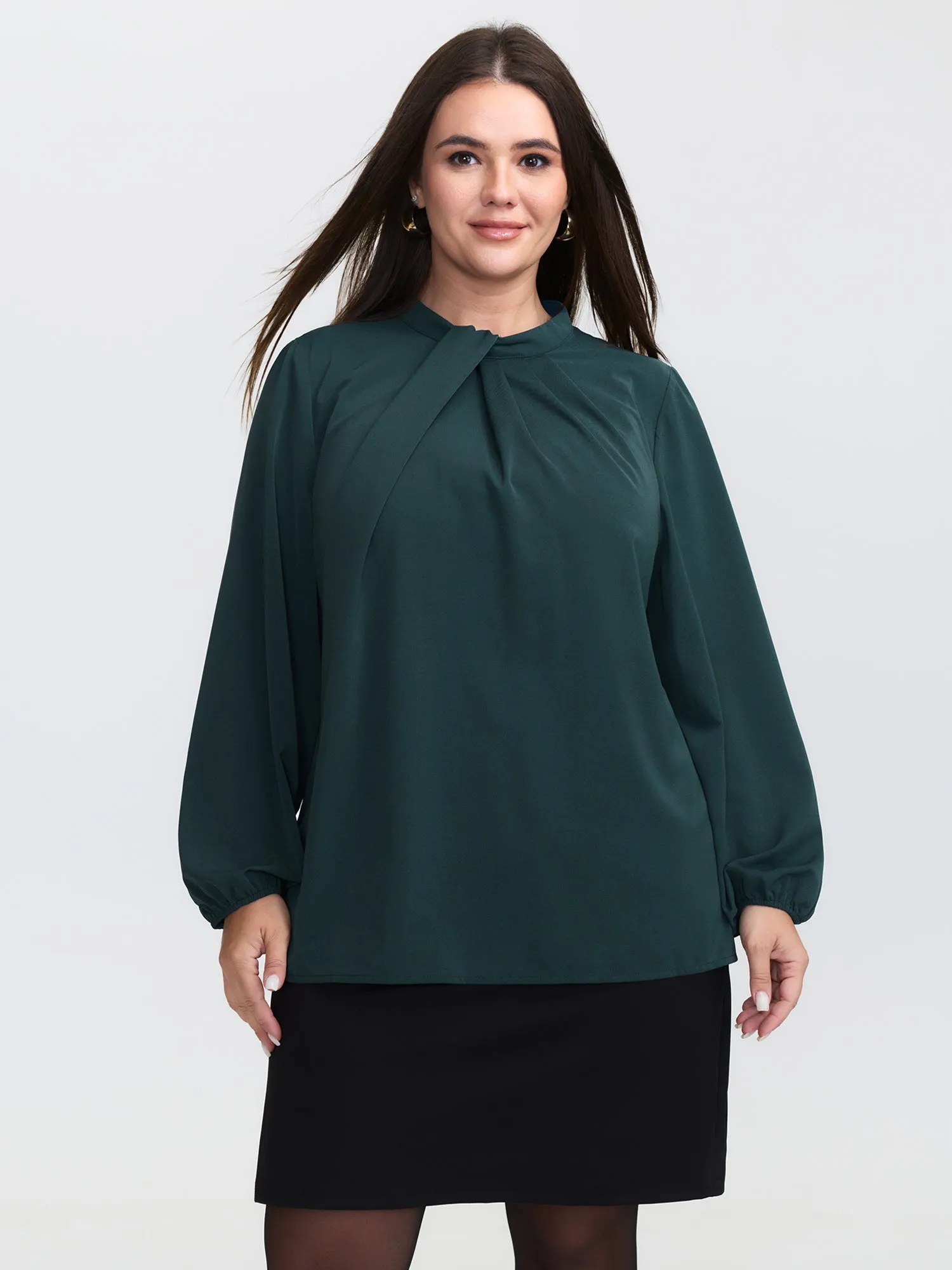 Pleated Mock Neck Long Sleeve Blouse sold by Bloomchic