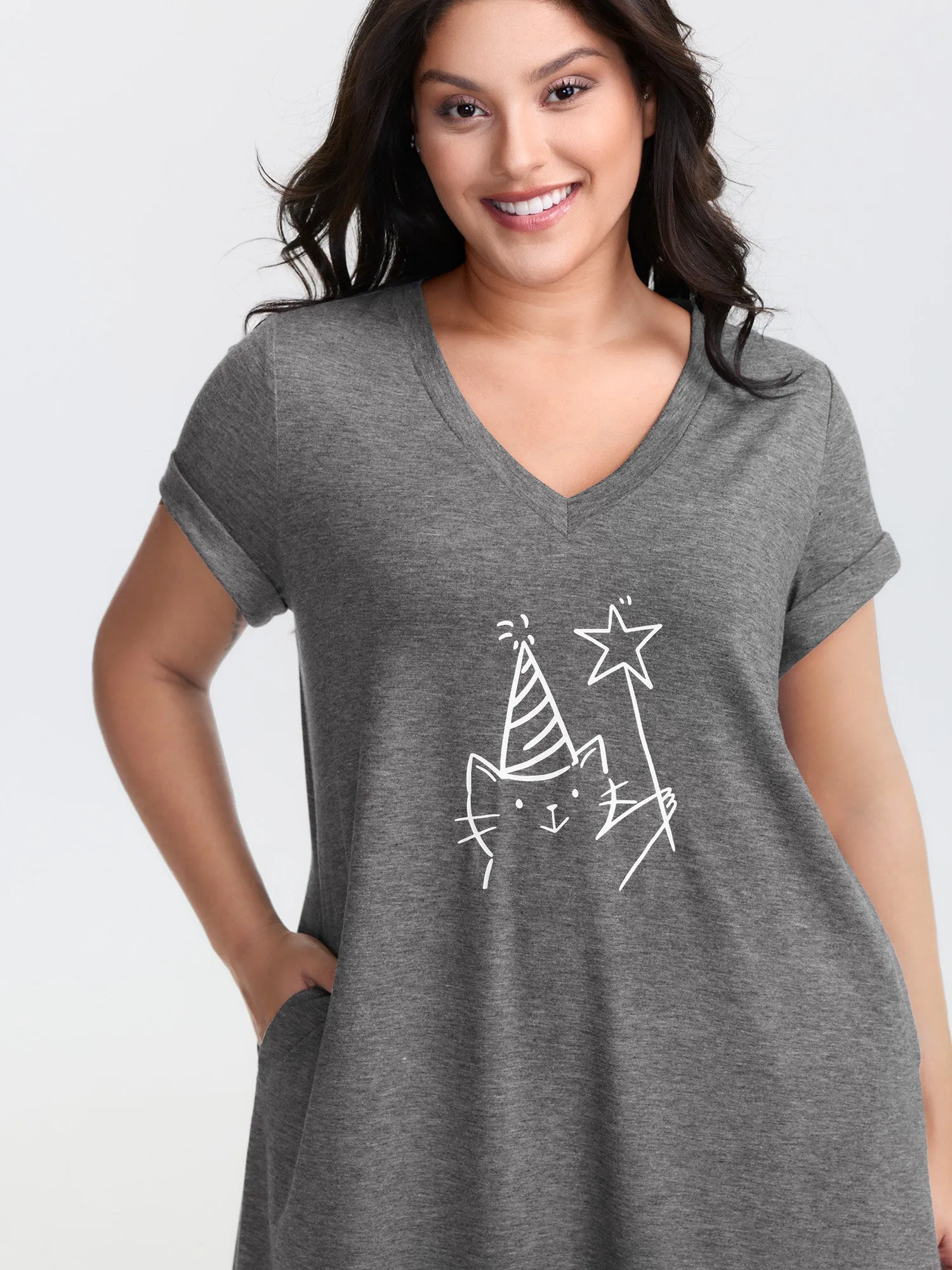 Supersoft Happy Cat Motif V-Neck Midi Dress sold by Bloomchic product image thumbnail 3