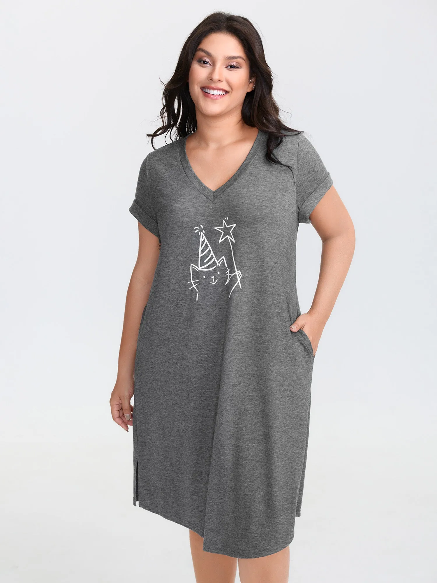 Supersoft Happy Cat Motif V-Neck Midi Dress sold by Bloomchic product image thumbnail 2