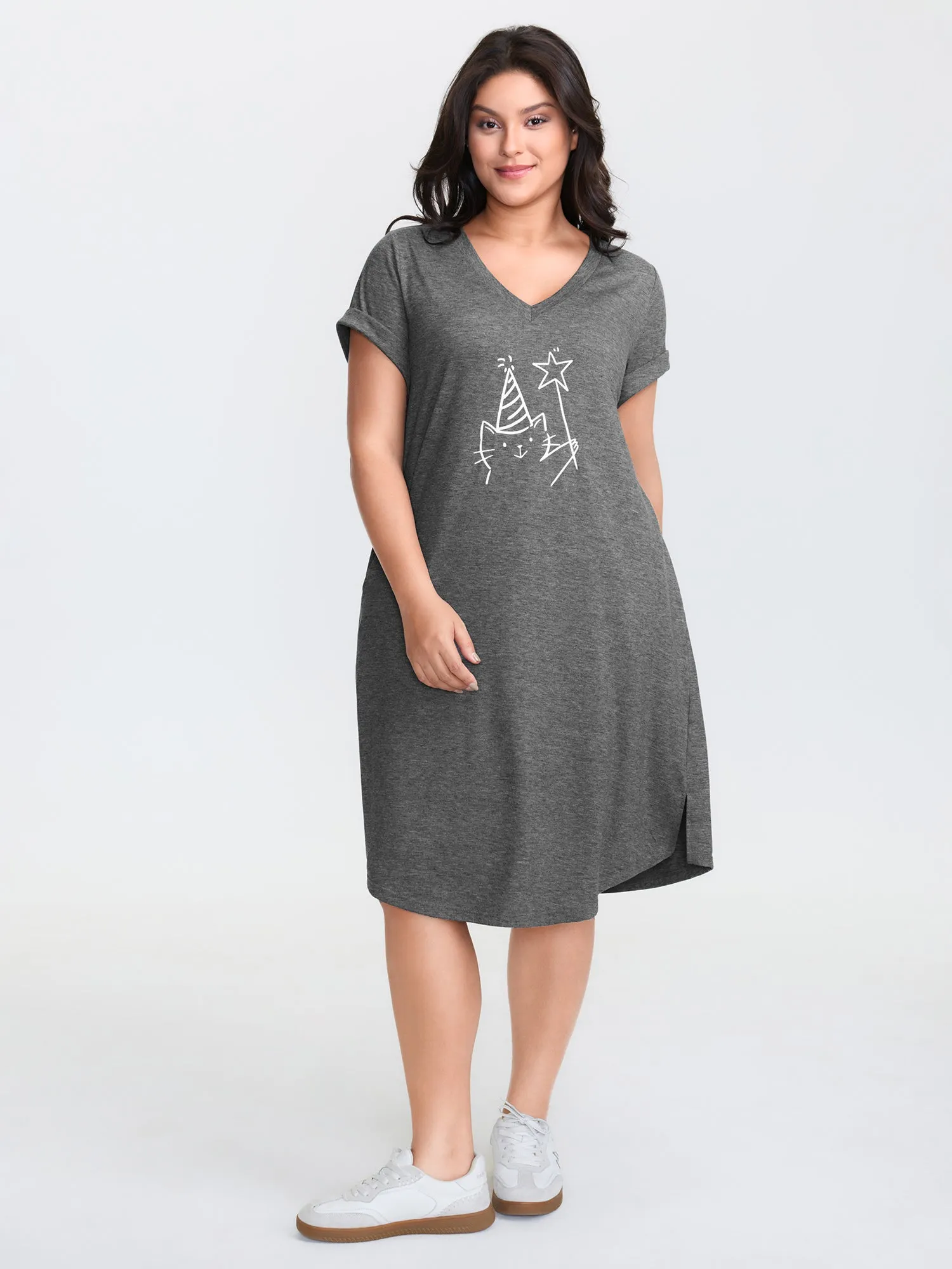 Supersoft Happy Cat Motif V-Neck Midi Dress sold by Bloomchic