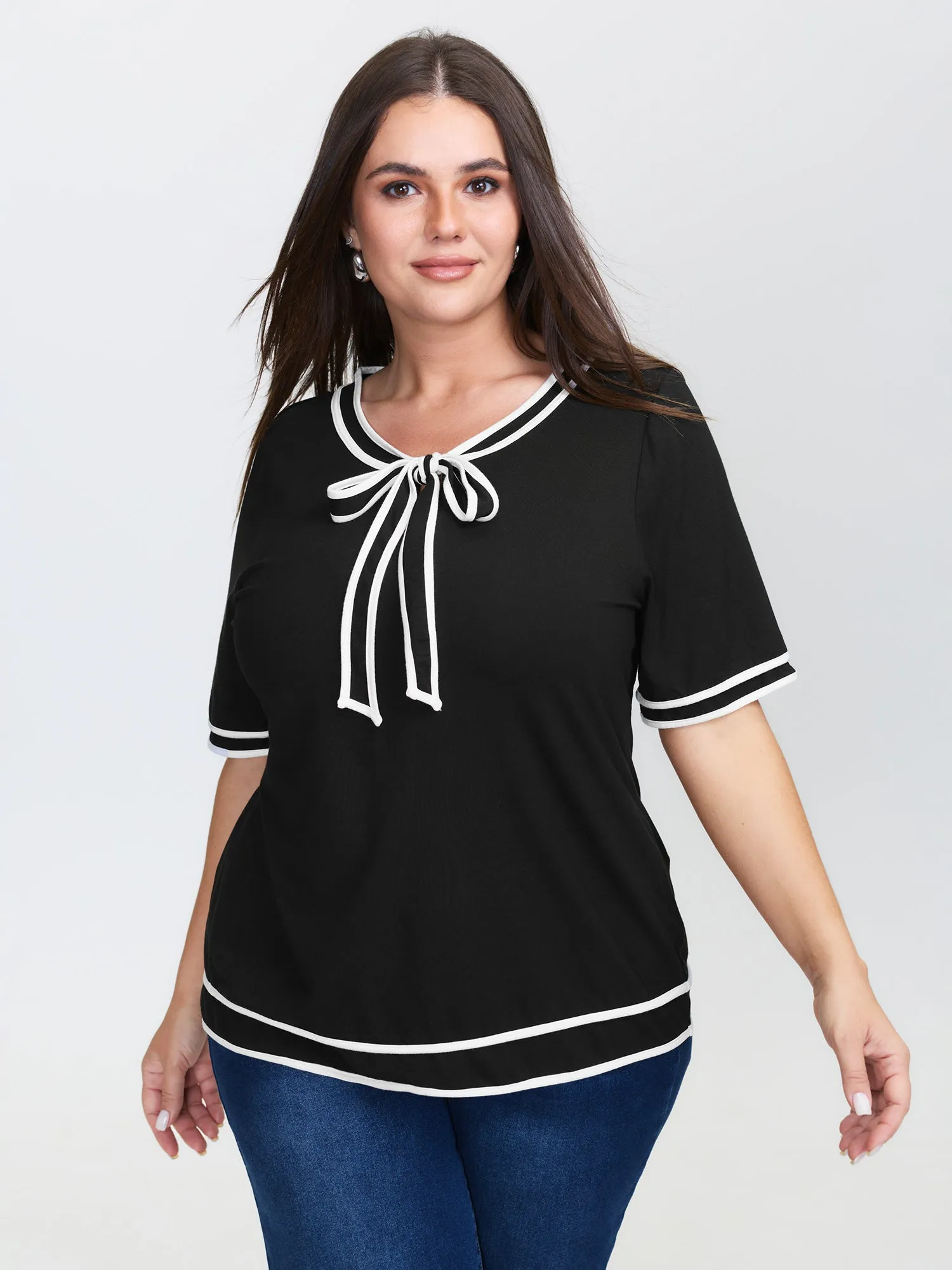 Supersoft Sailor Neck-Tie Contrast Knit Top sold by Bloomchic