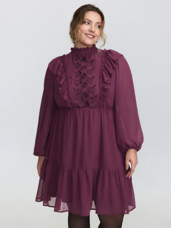 Flocked Ruffled Floral Embroidered Neckline Mini Dress sold by Bloomchic