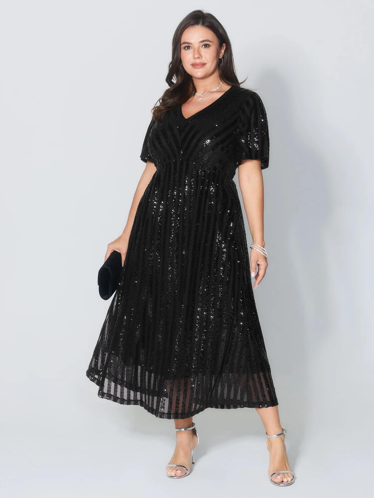 Shimmery Sequin V-Neck Midi Dress sold by Bloomchic