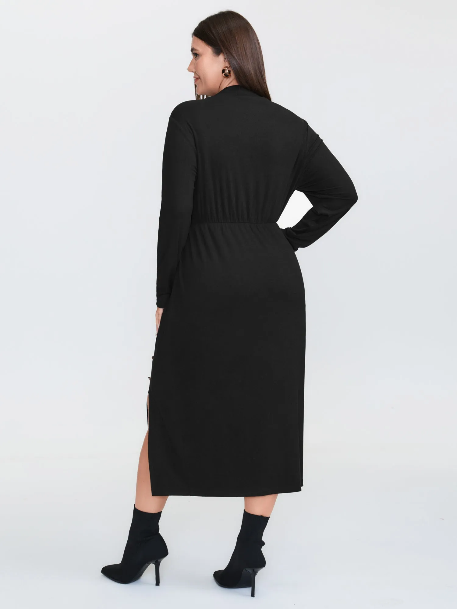 Mock Neck Button Waist-Defining Midi Dress sold by Bloomchic product image thumbnail 4