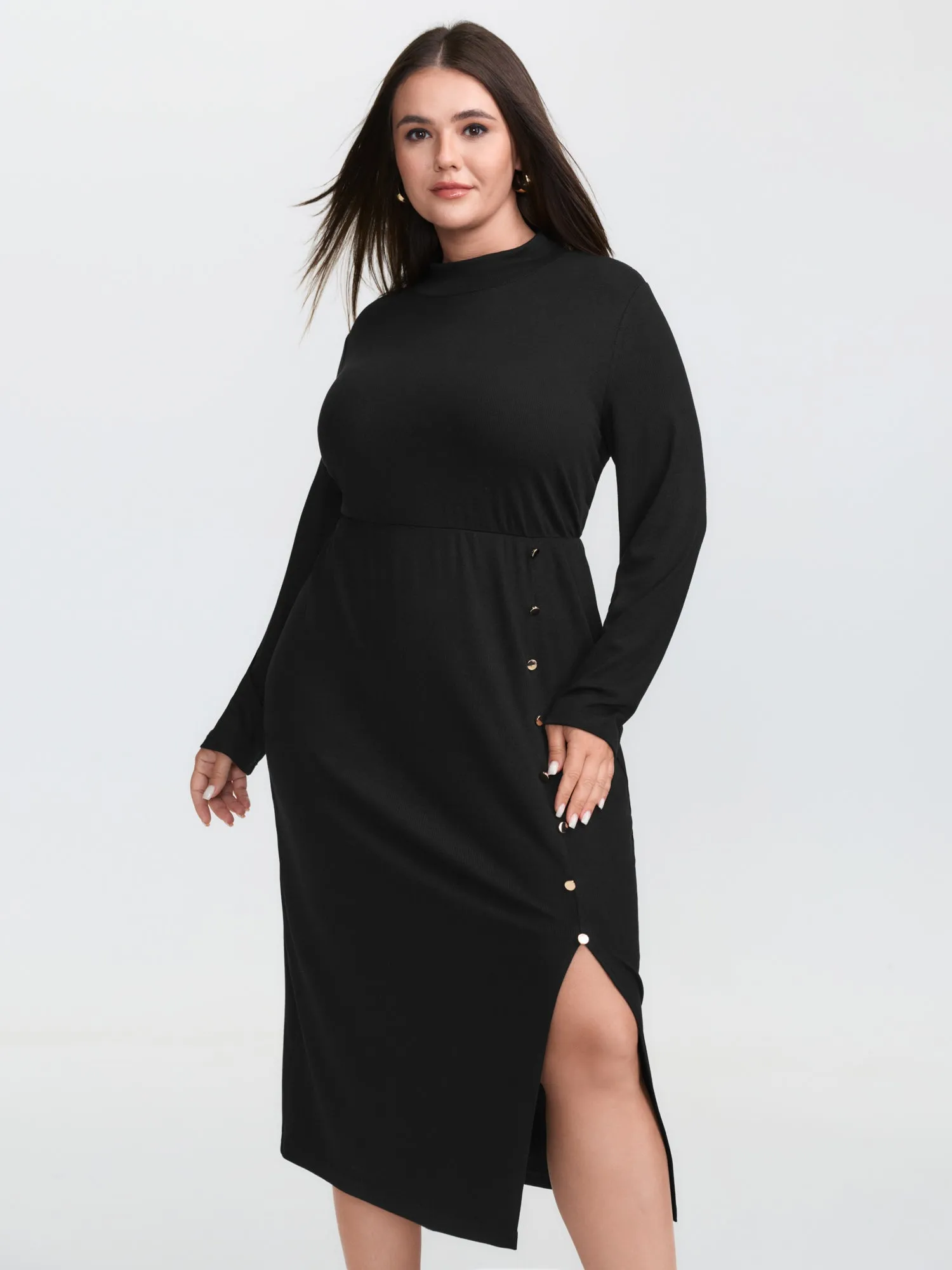 Mock Neck Button Waist-Defining Midi Dress sold by Bloomchic product image thumbnail 2