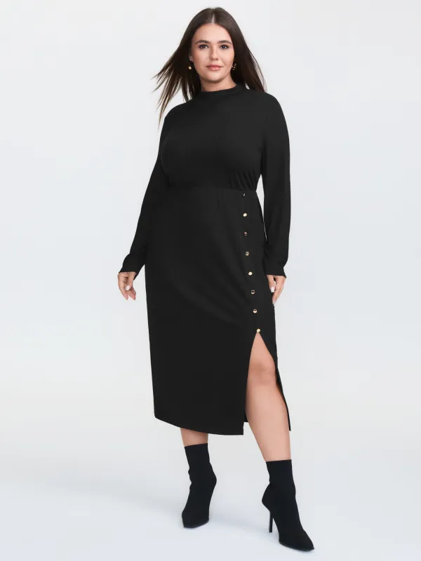 Mock Neck Button Waist-Defining Midi Dress sold by Bloomchic