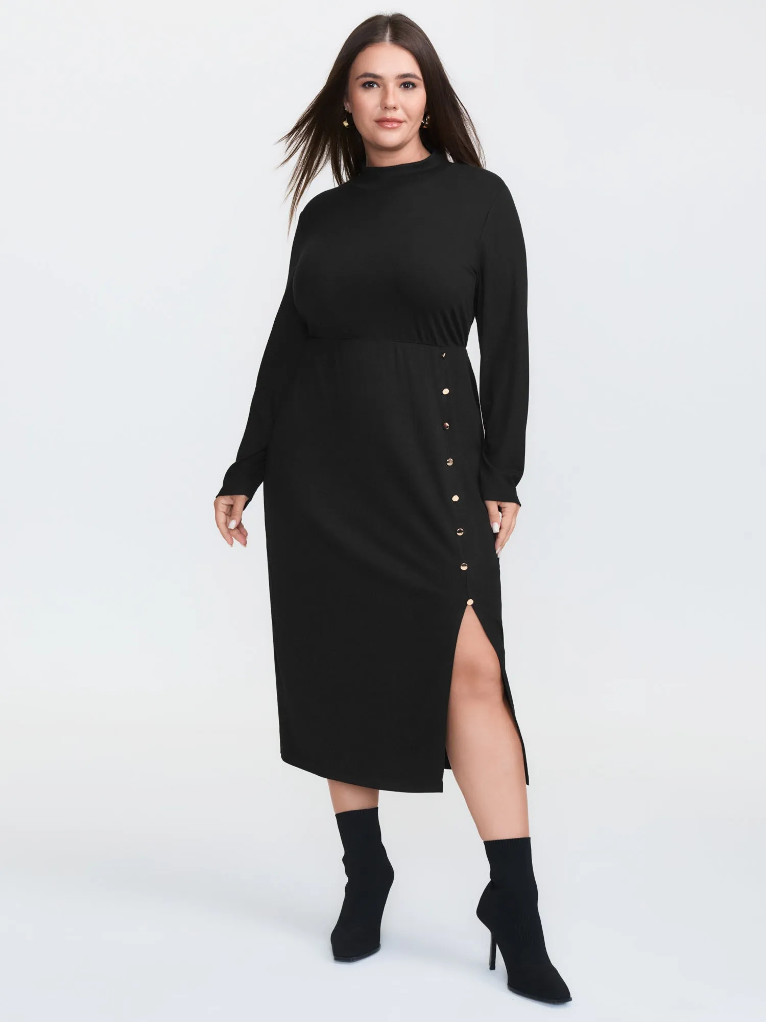 Mock Neck Button Waist-Defining Midi Dress sold by Bloomchic