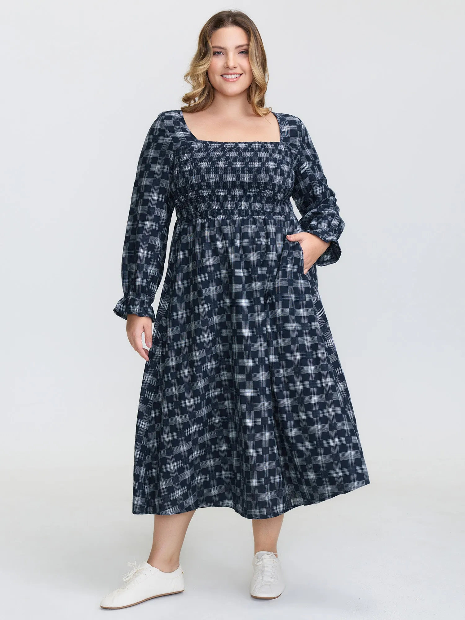 Geometric Print Shirred Square Neck Midi Dress sold by Bloomchic