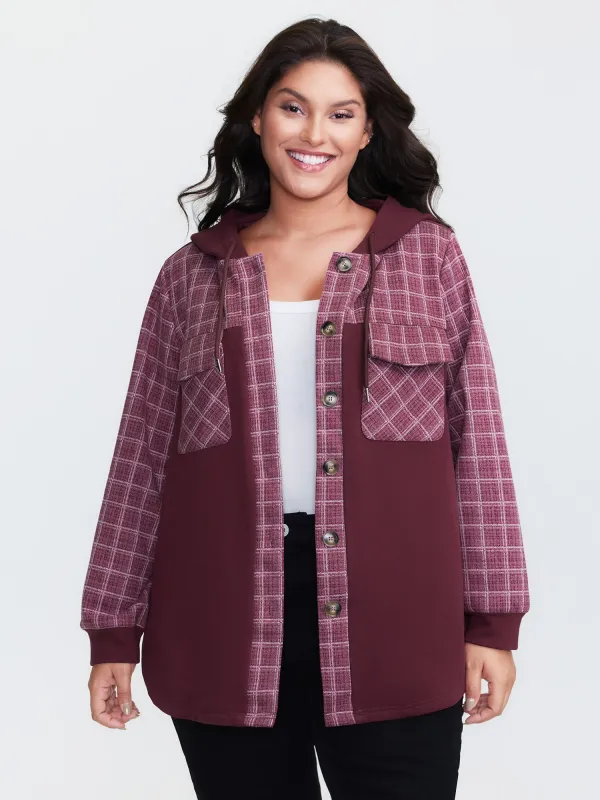 Grid Print Color Contrast Hooded Jacket sold by Bloomchic