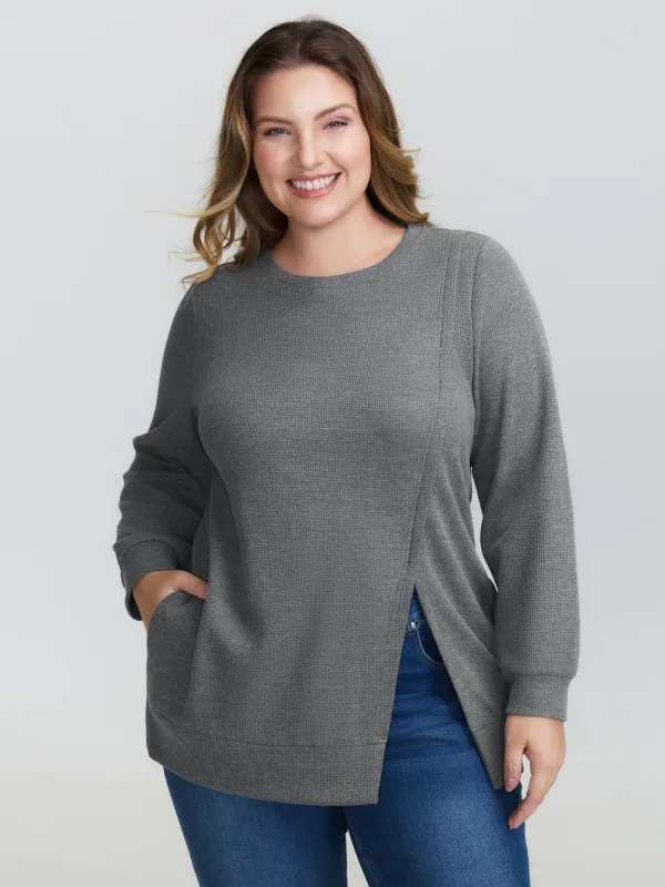 Slit Hem Round Neck Solid Sweatshirt sold by Bloomchic