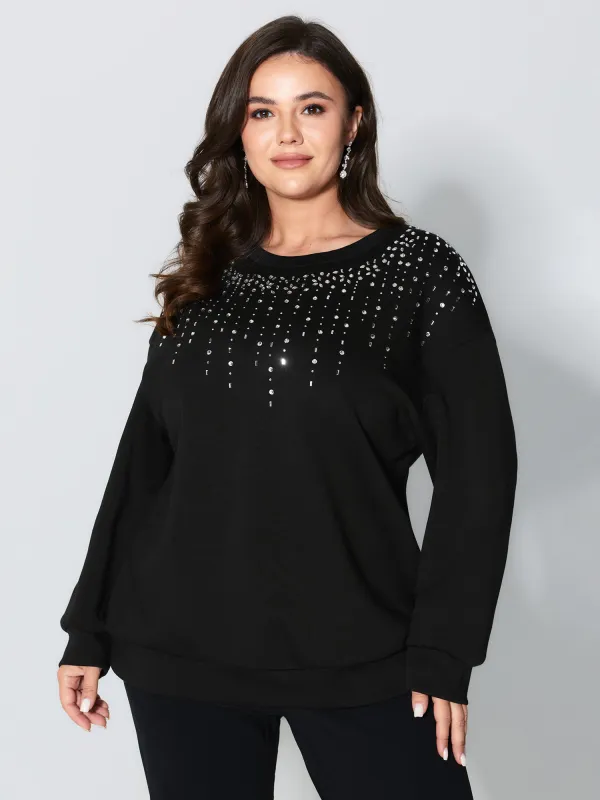 Rhinestone Relaxed-Fit Round Neck Sweatshirt sold by Bloomchic