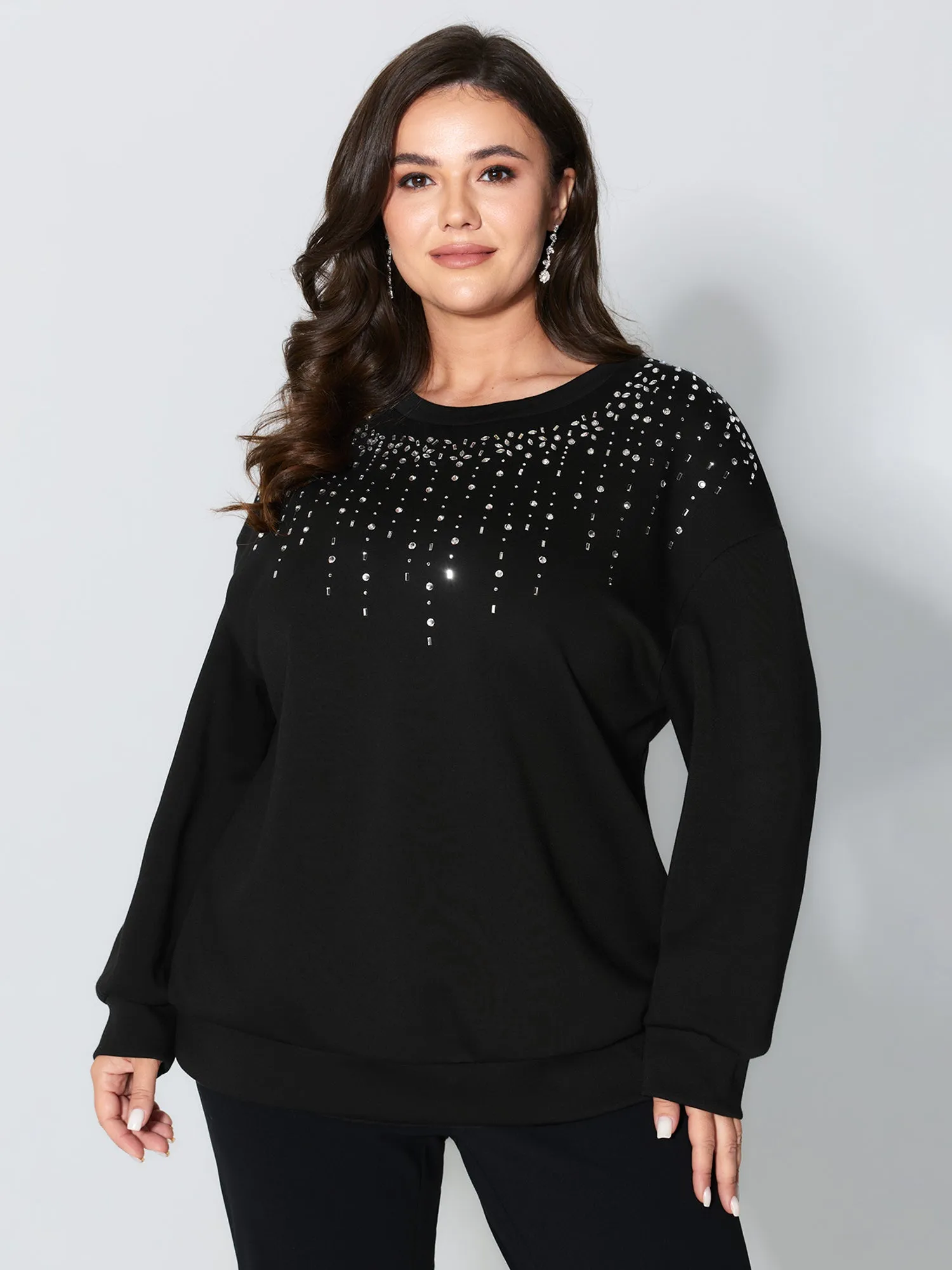 Rhinestone Relaxed-Fit Round Neck Sweatshirt sold by Bloomchic