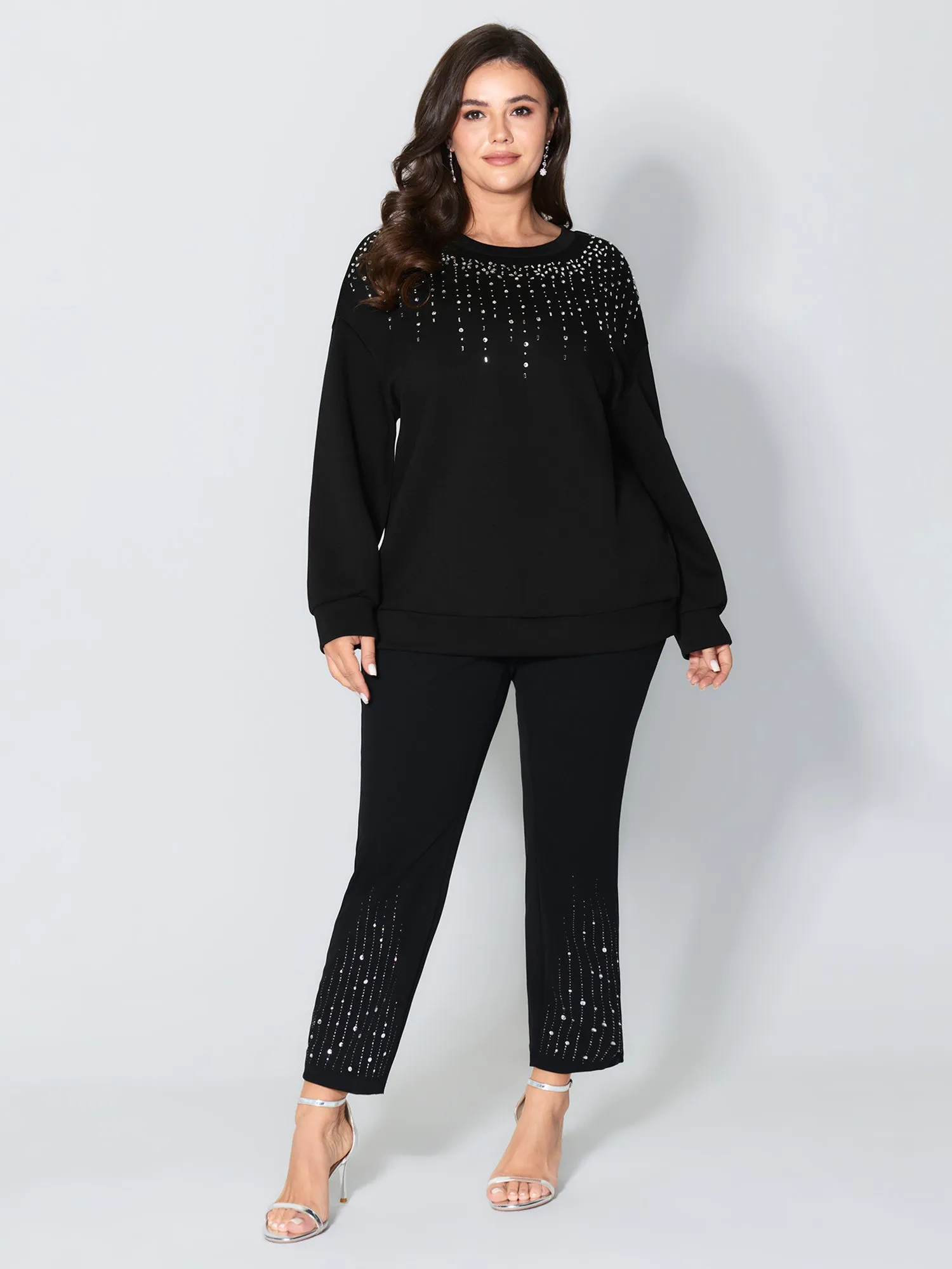 Rhinestone Relaxed-Fit Round Neck Sweatshirt sold by Bloomchic product image thumbnail 2