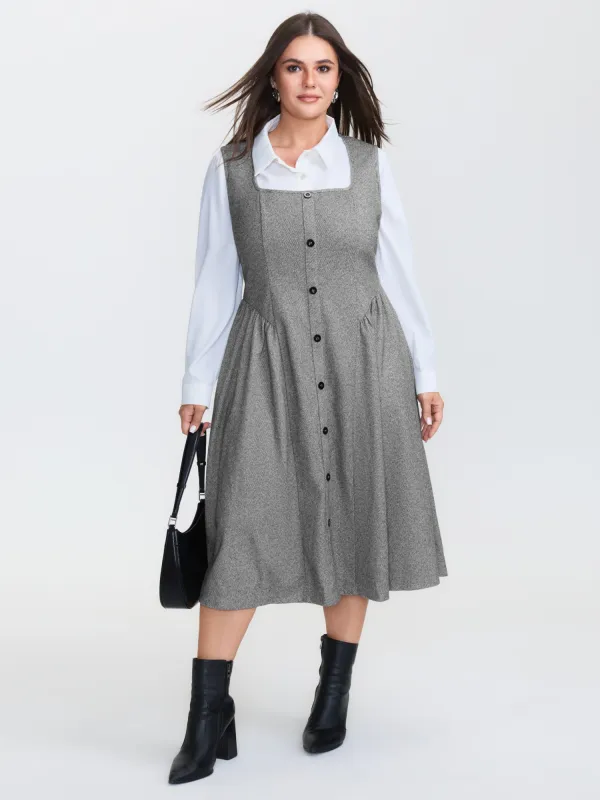 Square Neckline Textured Pleated Midi Dress sold by Bloomchic