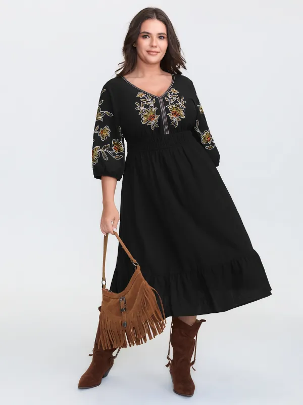 Floral Shirred Waist V-Neck Midi Dress sold by Bloomchic