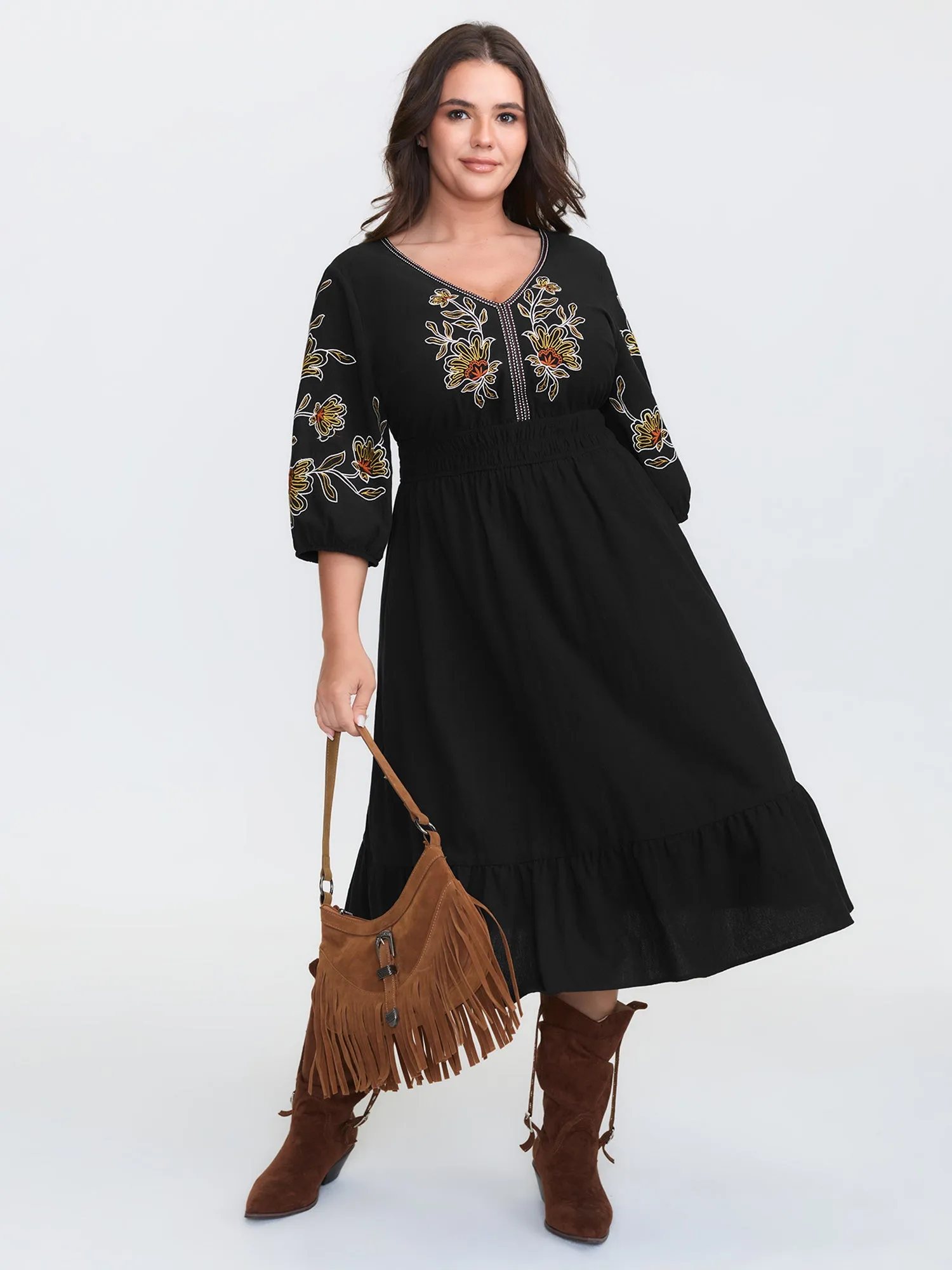 Floral Shirred Waist V-Neck Midi Dress sold by Bloomchic