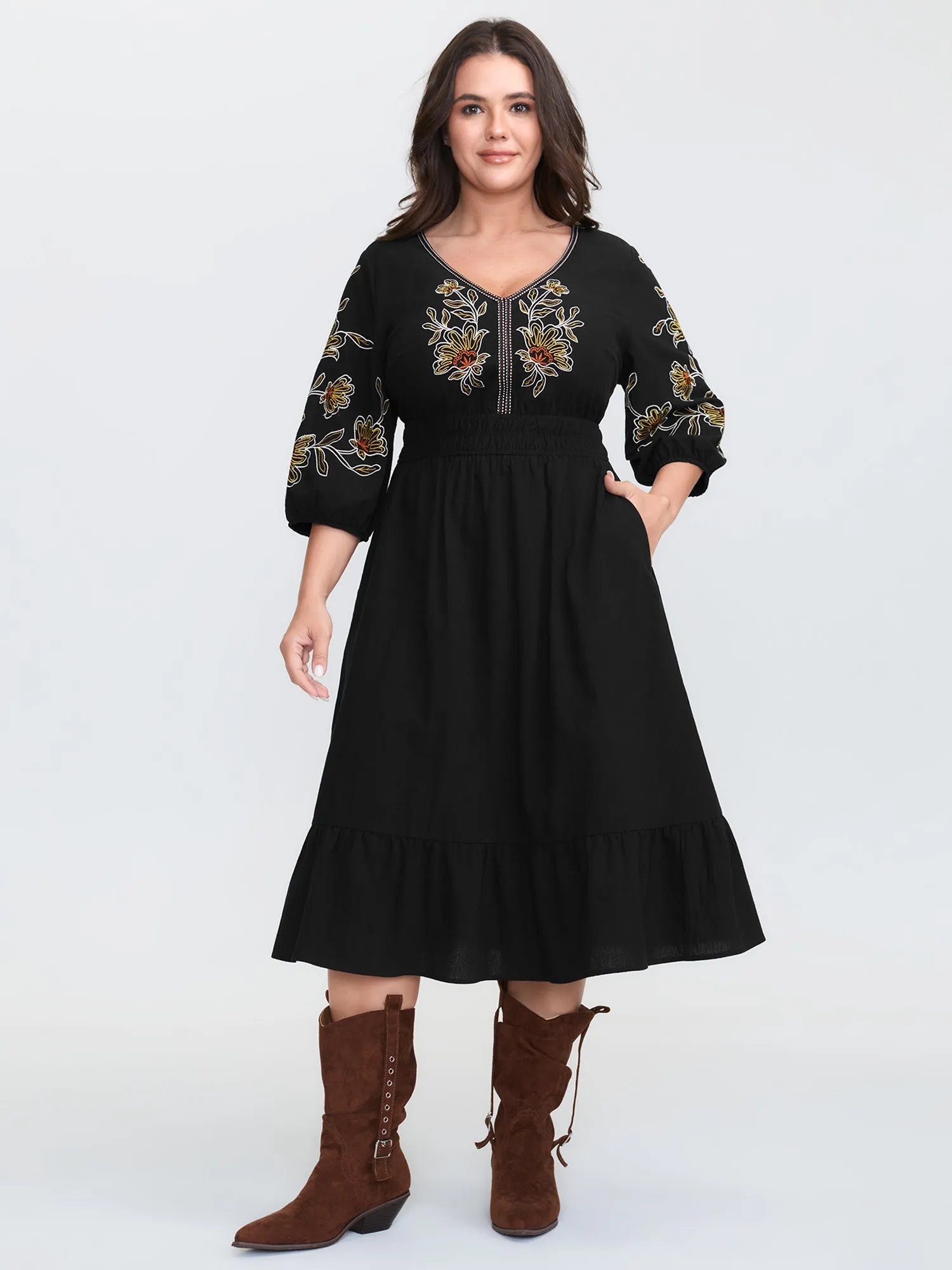 Floral Shirred Waist V-Neck Midi Dress sold by Bloomchic product image thumbnail 2