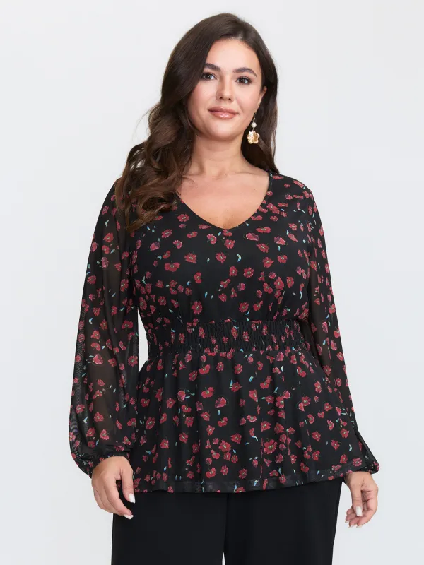 Floral Print Mesh Cinched-Waist Blouse sold by Bloomchic