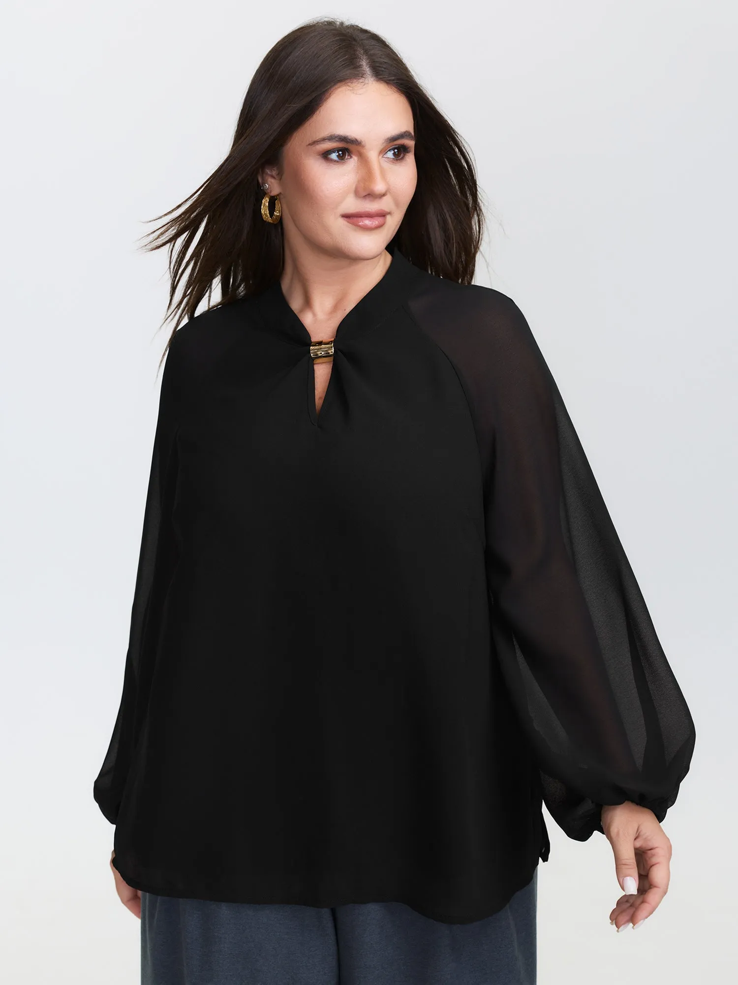 Metal Detail Neckline Flowy Blouse sold by Bloomchic