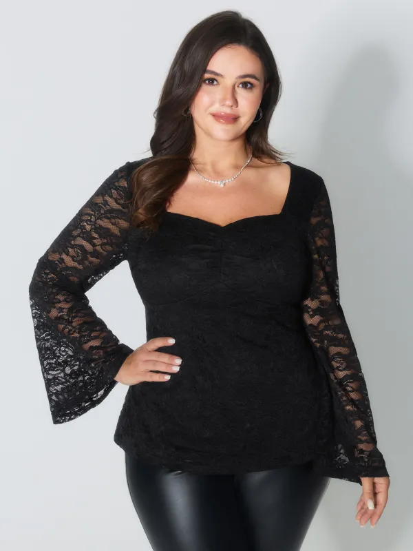 Lace Trim Sweetheart Neck Ruched Knit Top sold by Bloomchic