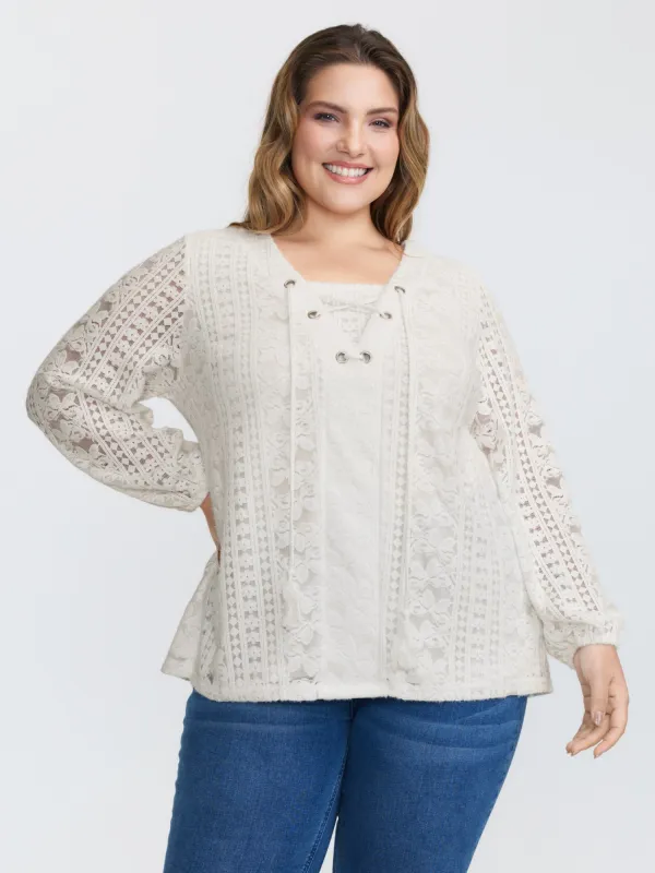 Textured Lace Neck Tie-Up Blouse sold by Bloomchic