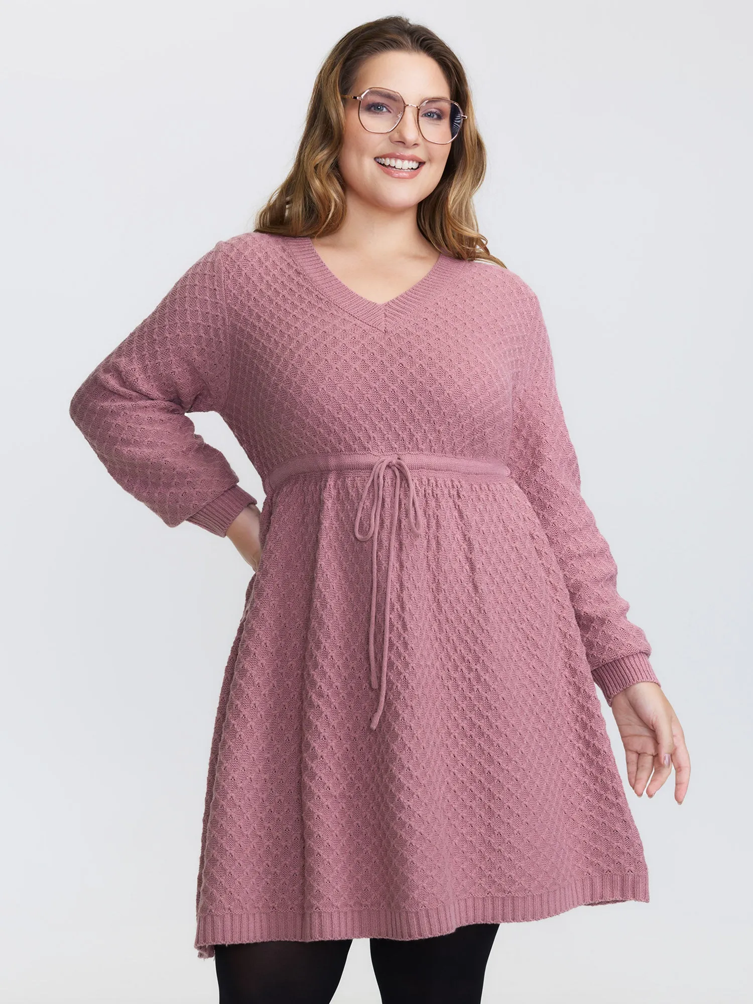 Textured Drawstring Waist V-Neck Sweater Dress sold by Bloomchic