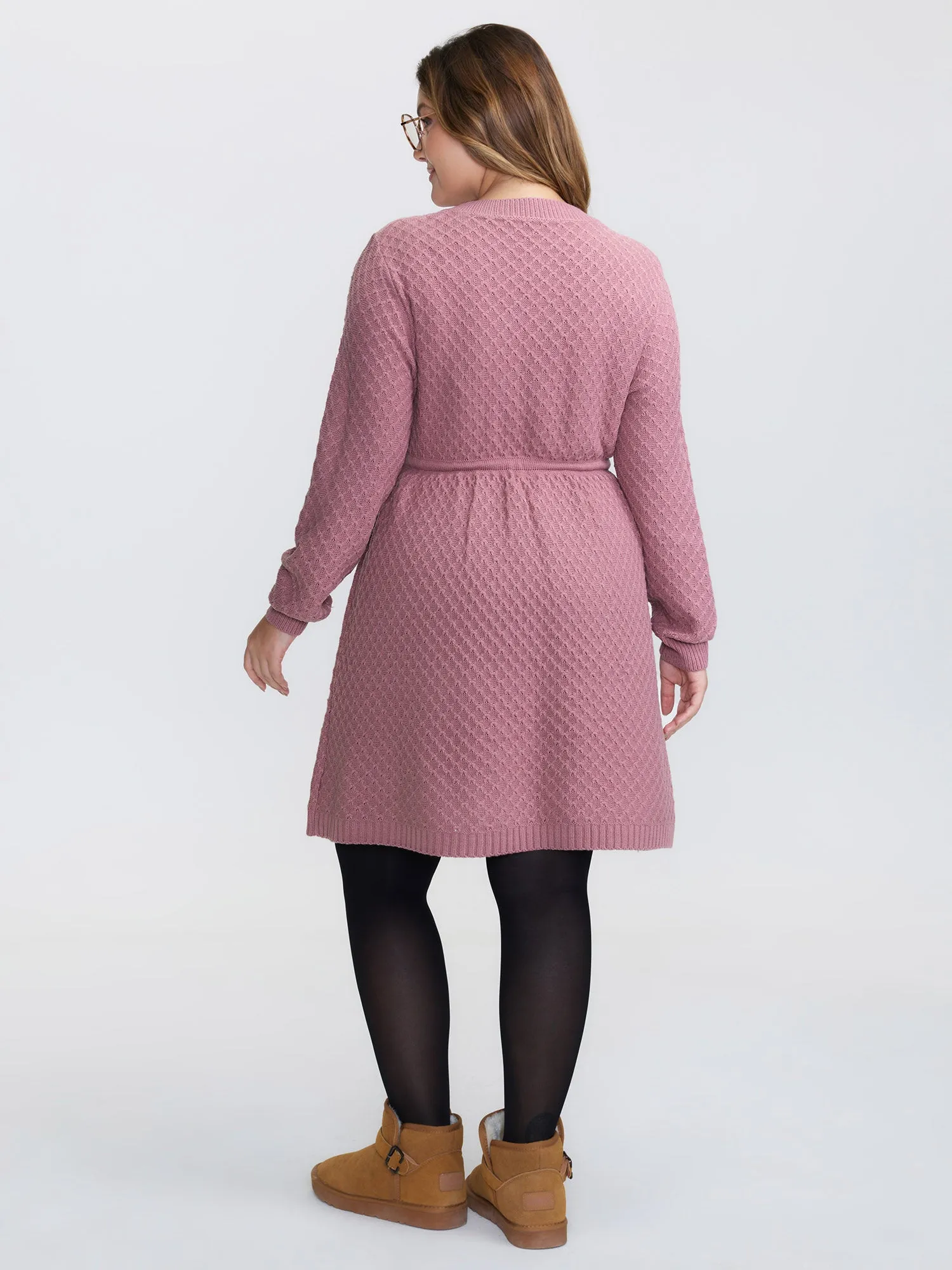 Textured Drawstring Waist V-Neck Sweater Dress sold by Bloomchic product image thumbnail 4