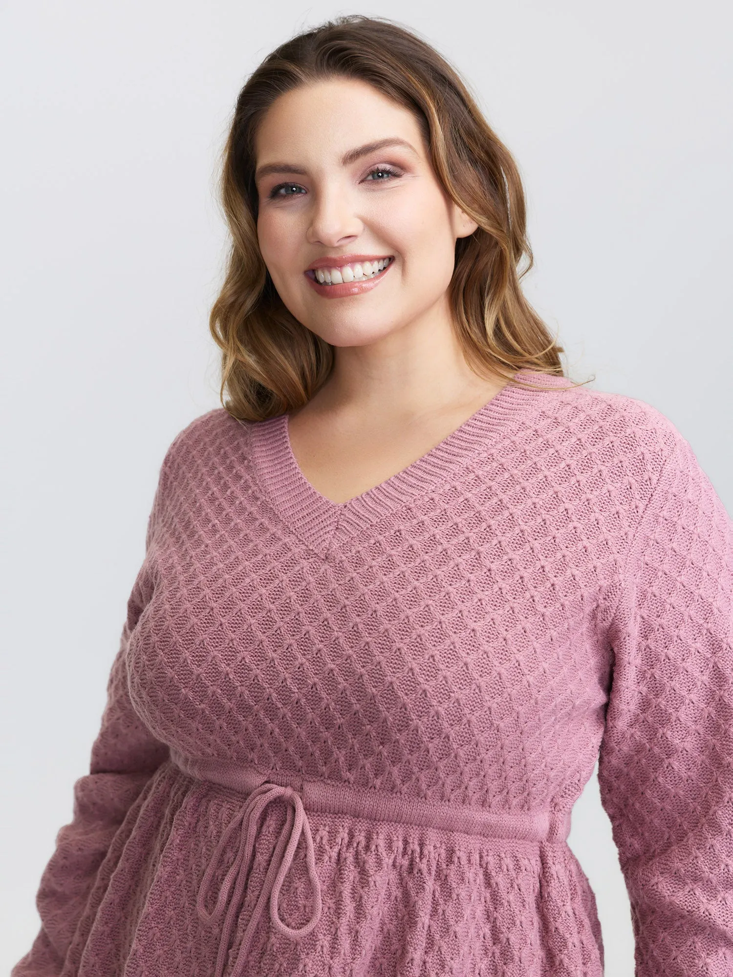 Textured Drawstring Waist V-Neck Sweater Dress sold by Bloomchic product image thumbnail 2