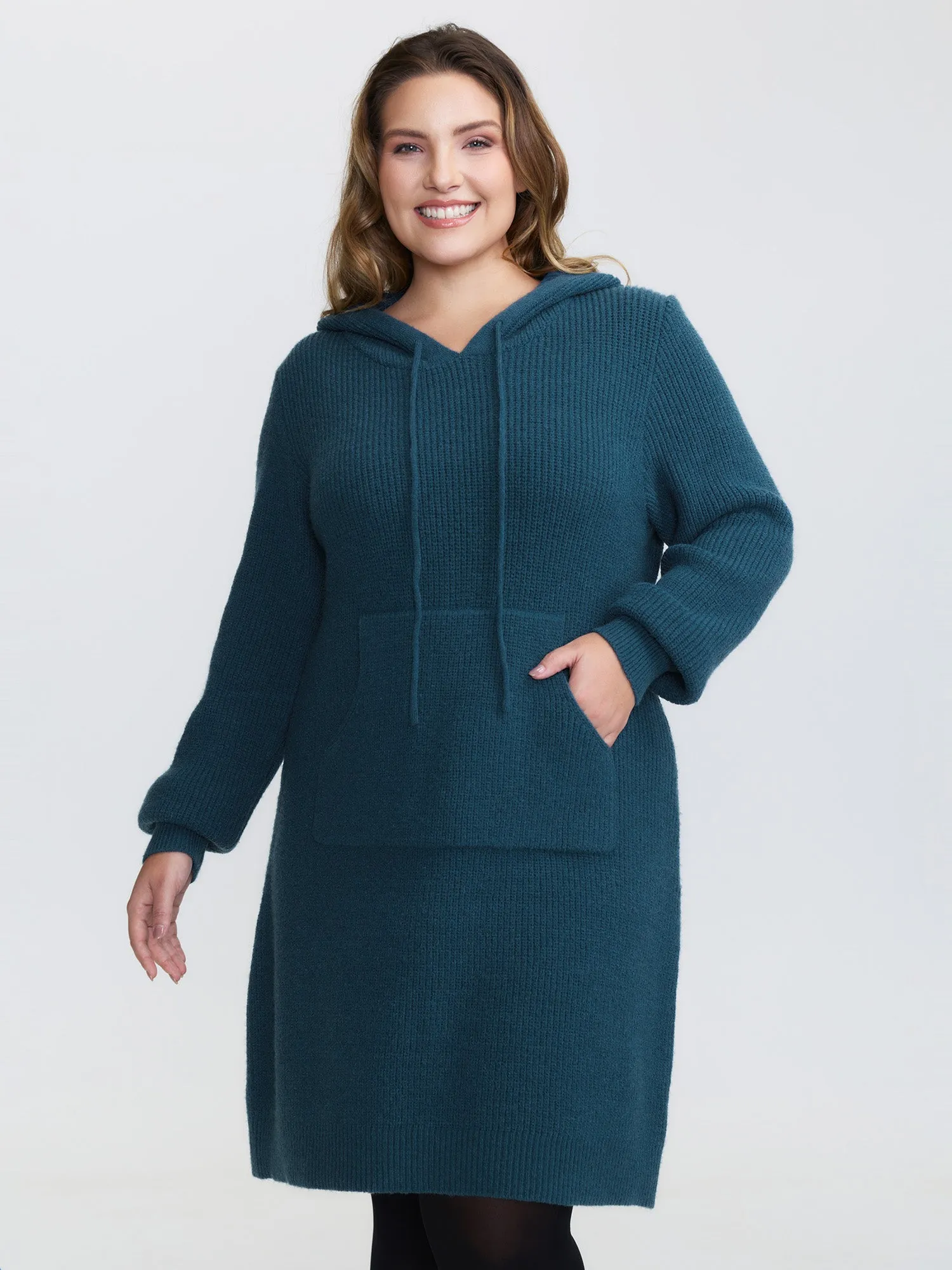 Hooded Textured Curvy Hem Sweater Dress sold by Bloomchic