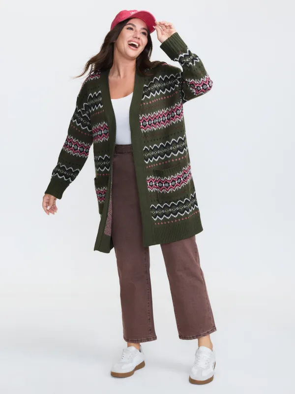 Geometric Pattern Pockets Open-Front Cardigan sold by Bloomchic