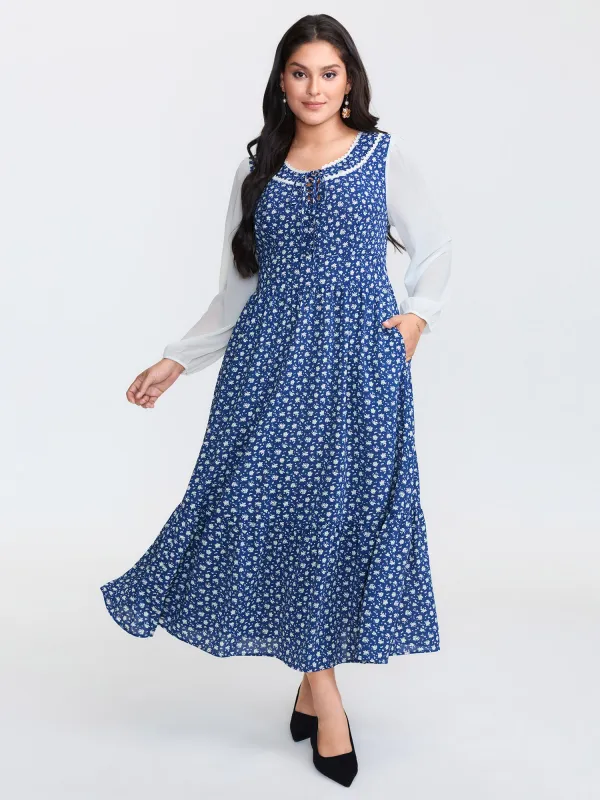 Floral Patchwork Drawstring Lace Trim Maxi Dress sold by Bloomchic