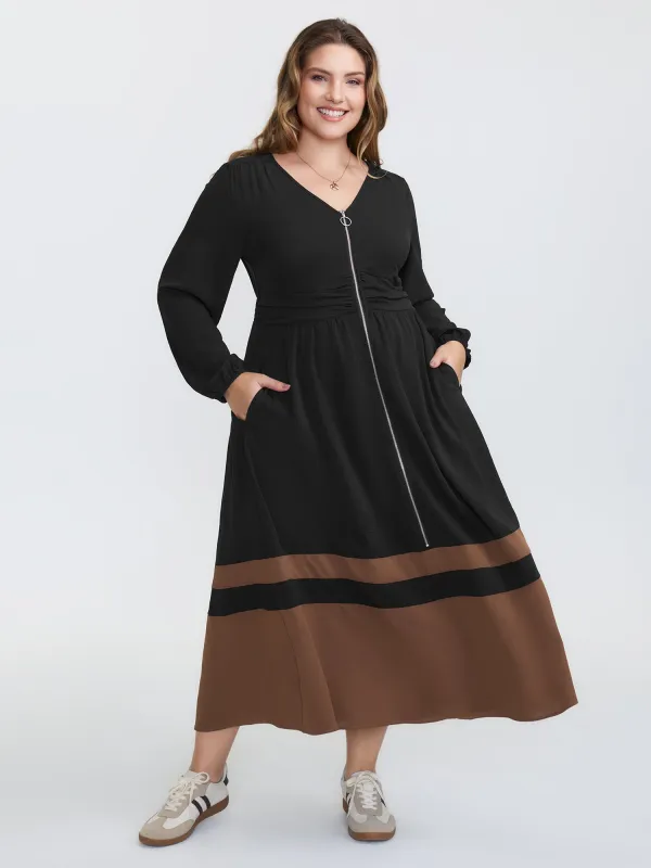 Zipper-Front Color Contrast Maxi Dress sold by Bloomchic