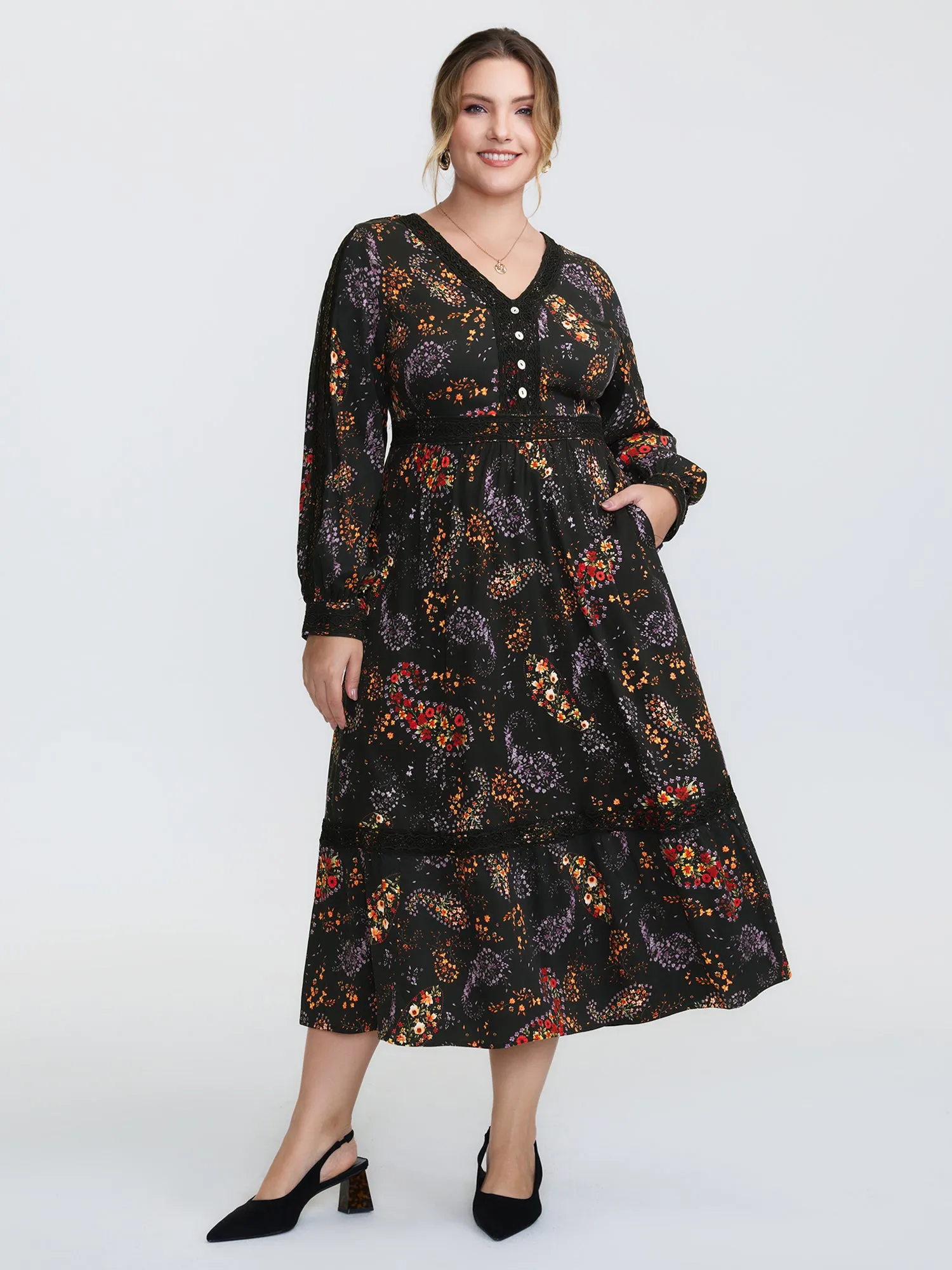 Floral Print Button V-Neck Midi Dress sold by Bloomchic
