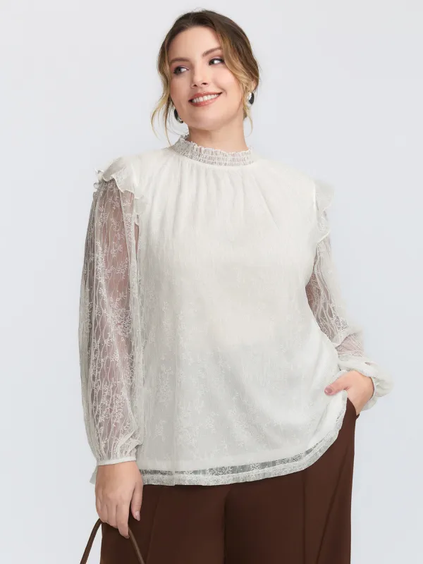 Pleated Lace Mock Neckline Sheer Blouse sold by Bloomchic
